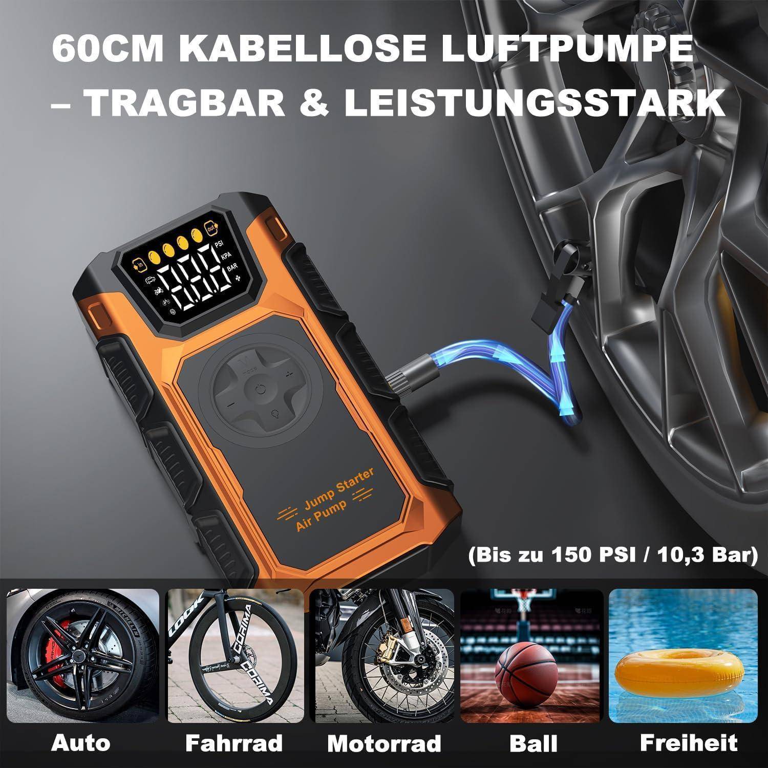 Tragbare kabellose Luftpumpe zum Aufpumpen eines Reifens, mit deutschem Text, der bis zu 150 PSI bewirbt, und Symbolen für Auto-, Fahrrad-, Motorrad-, Ball- und Luftmatrazennutzung.