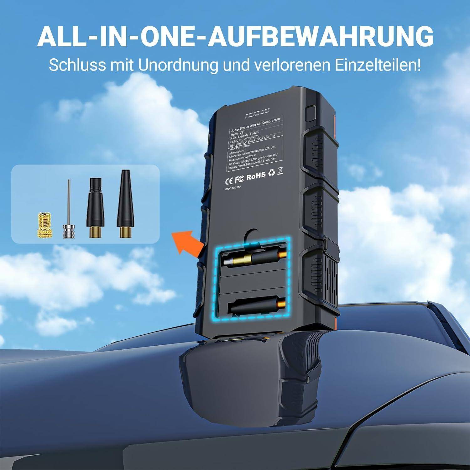 Werbegrafik eines schwarzen Autodachträgers mit Aufbewahrungsbox für kleine Teile, mit Einsatz zeigt enthaltenes Zubehör und deutschen Text 'ALL-IN-ONE-AUFBEWAHRUNG' und 'Schluss mit Unordnung und verlorenen Einzelteilen!