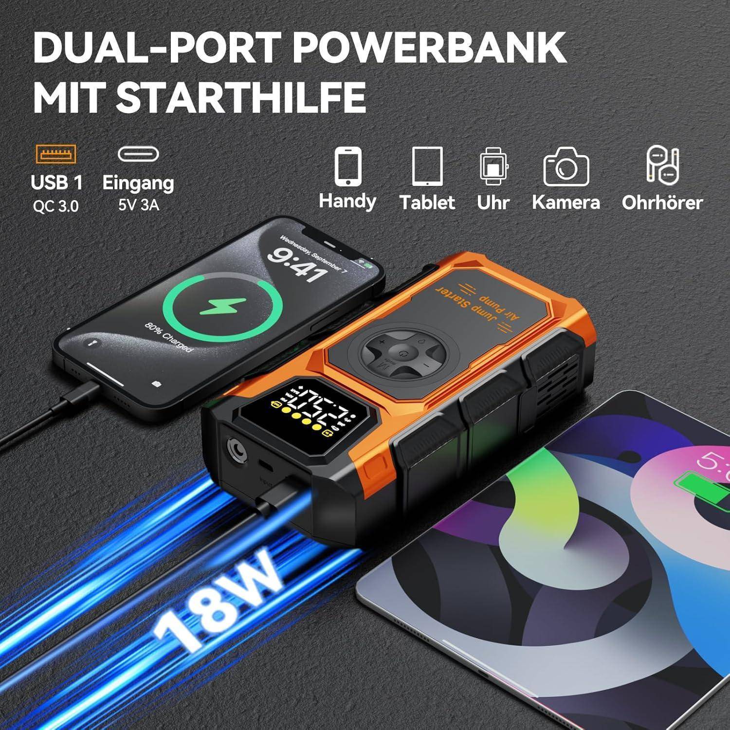 Starthilfe Powerbank für pkw, 6000A Auto Starthilfe Powerbank mit Kompressor 150PSI, 12V Starter Powerbank(bis Alle Benzin/10L Diesel), Batterie