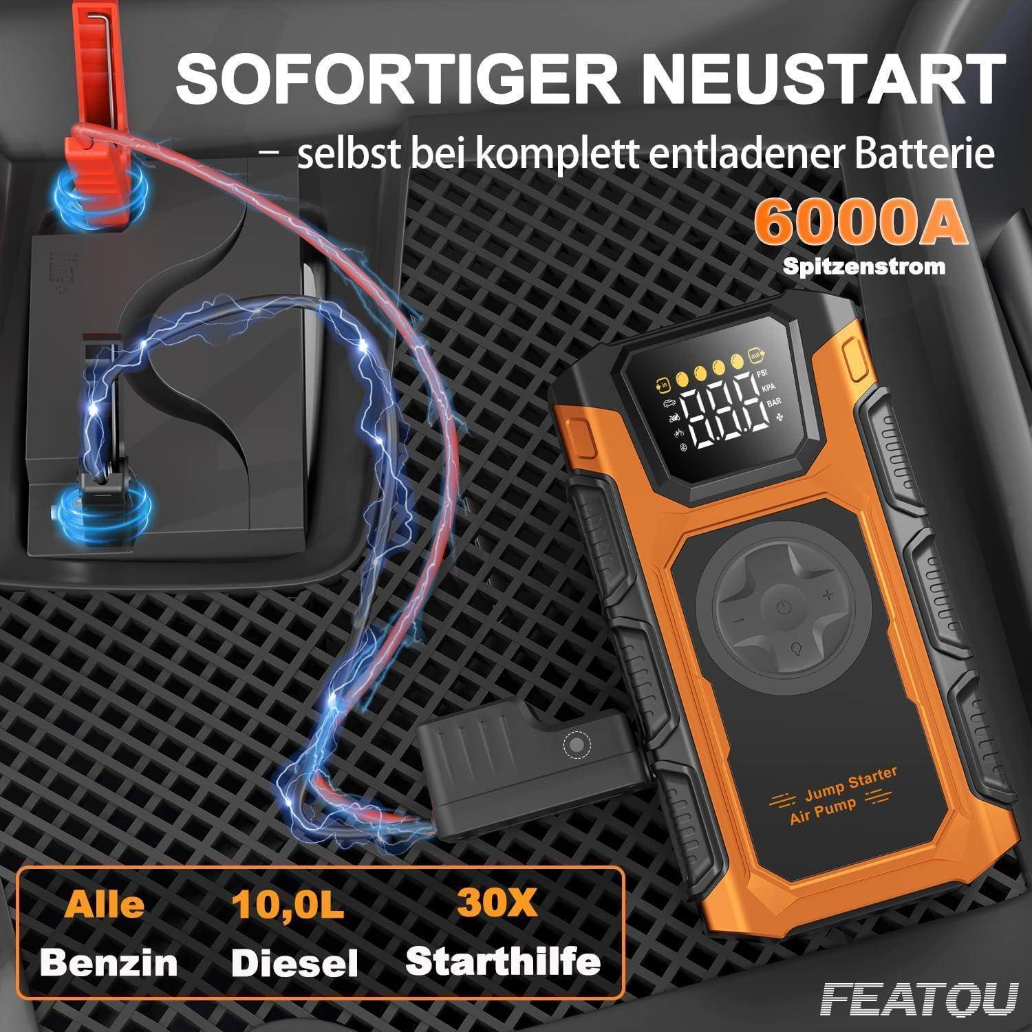 Starthilfe Powerbank für pkw, 6000A Auto Starthilfe Powerbank mit Kompressor 150PSI, 12V Starter Powerbank(bis Alle Benzin/10L Diesel), Batterie