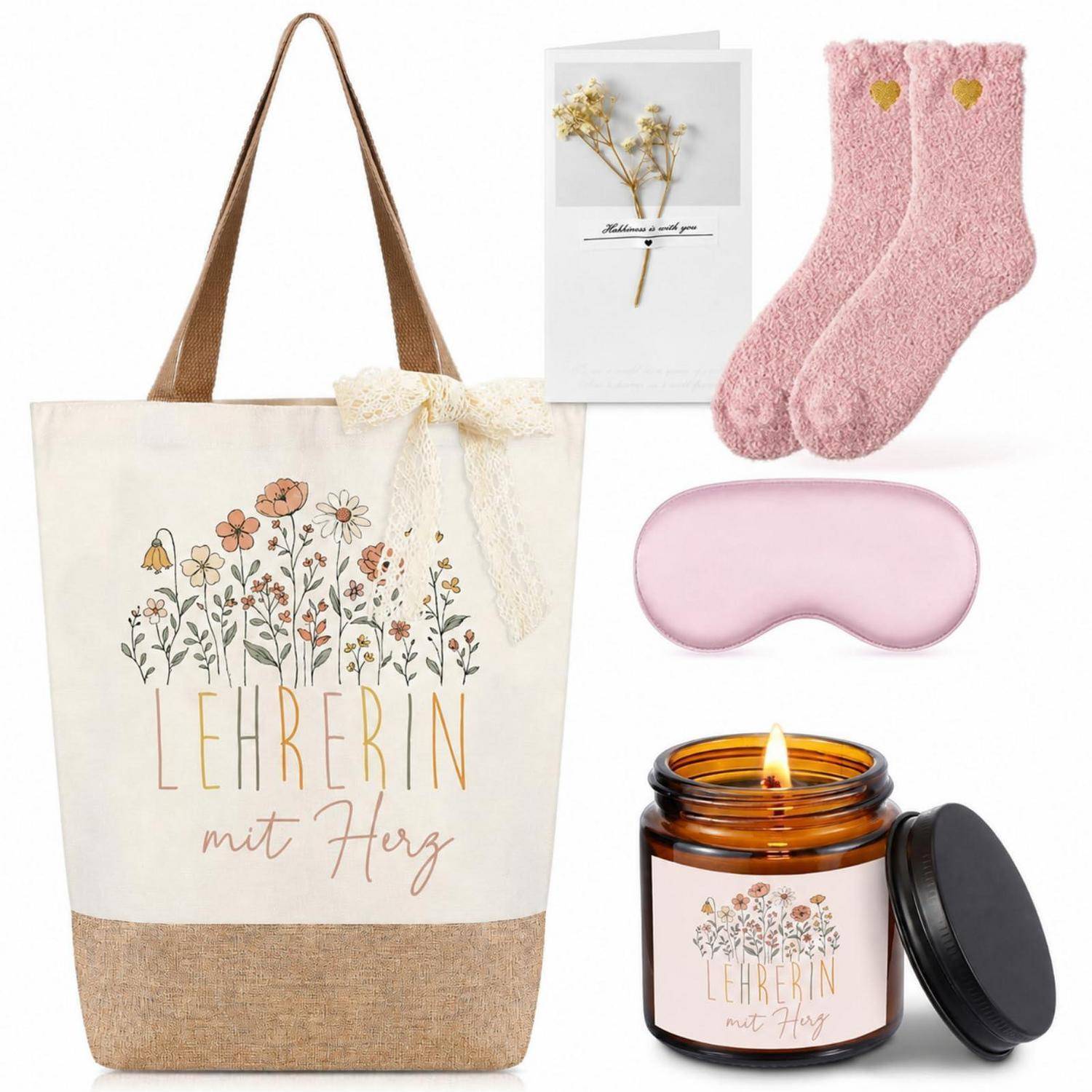Lehrerinnen-Geschenkset mit Tragetasche mit der Aufschrift „LEHRERIN mit Herz