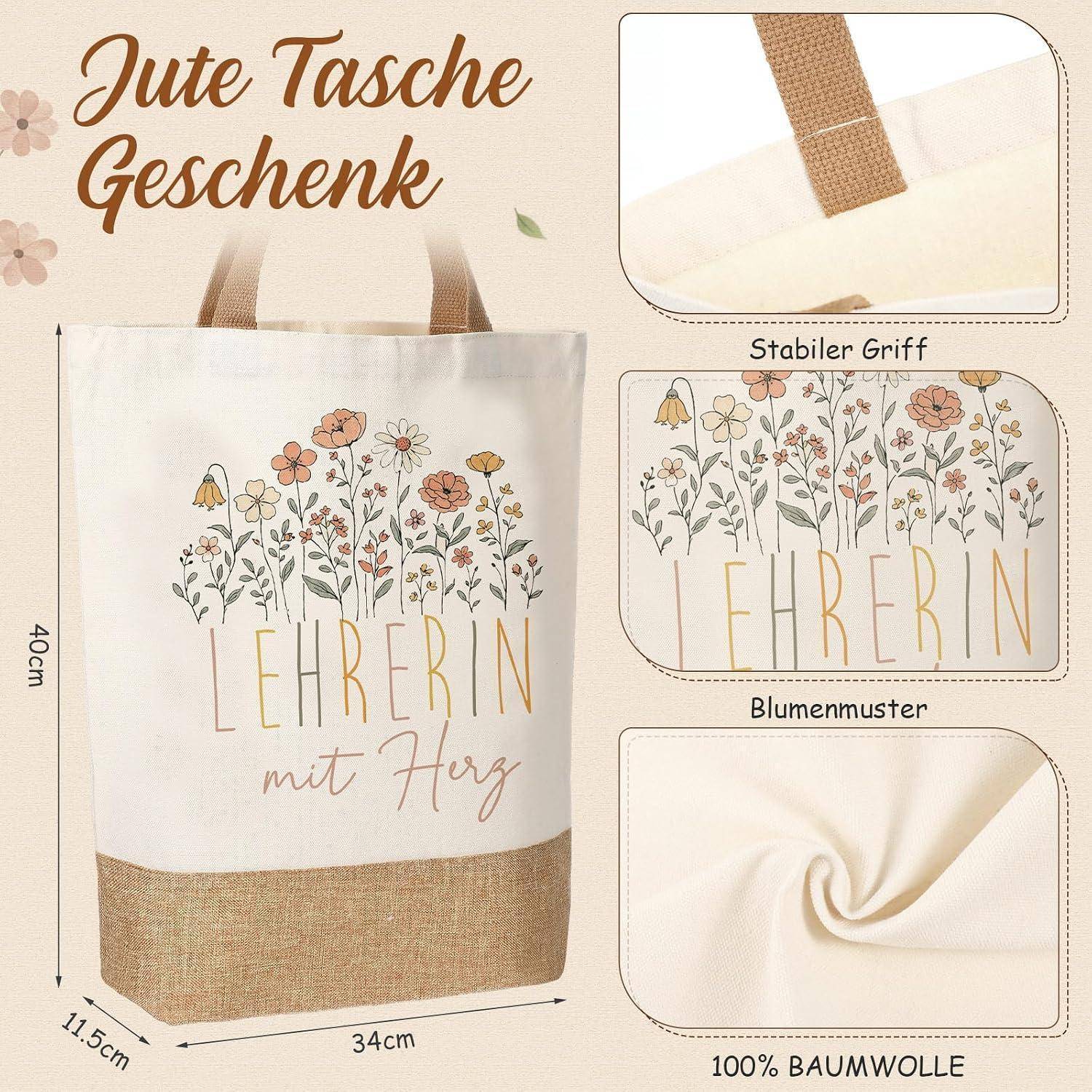 Werbeabbildung einer Jutegeschenktasche für Lehrerinnen, gekennzeichnet mit „LEHRERIN mit Herz