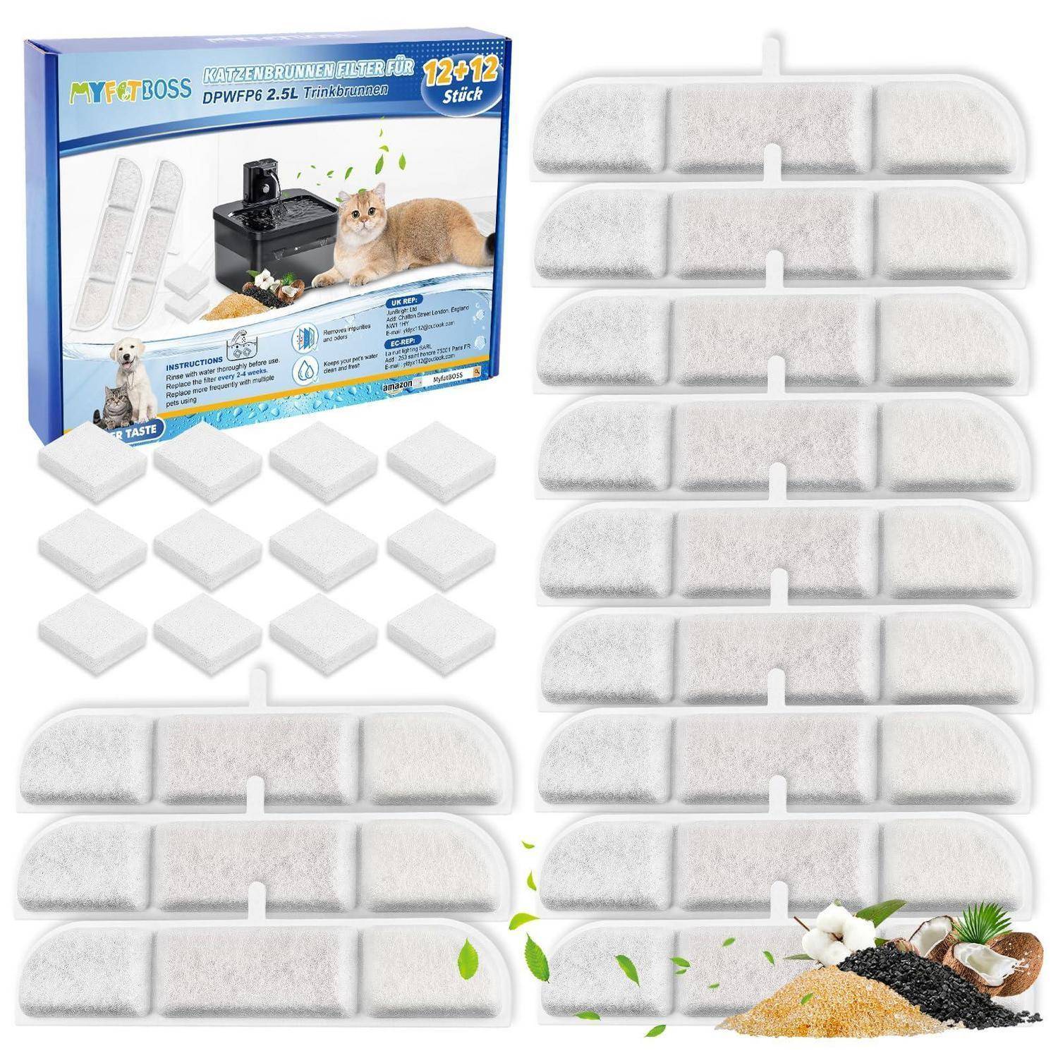 Produktbild von MyPetBoss Katzenbrunnen-Ersatzfiltern, das eine Schachteln und mehrere weiße Filterpads mit der Bezeichnung „12+12 Stick