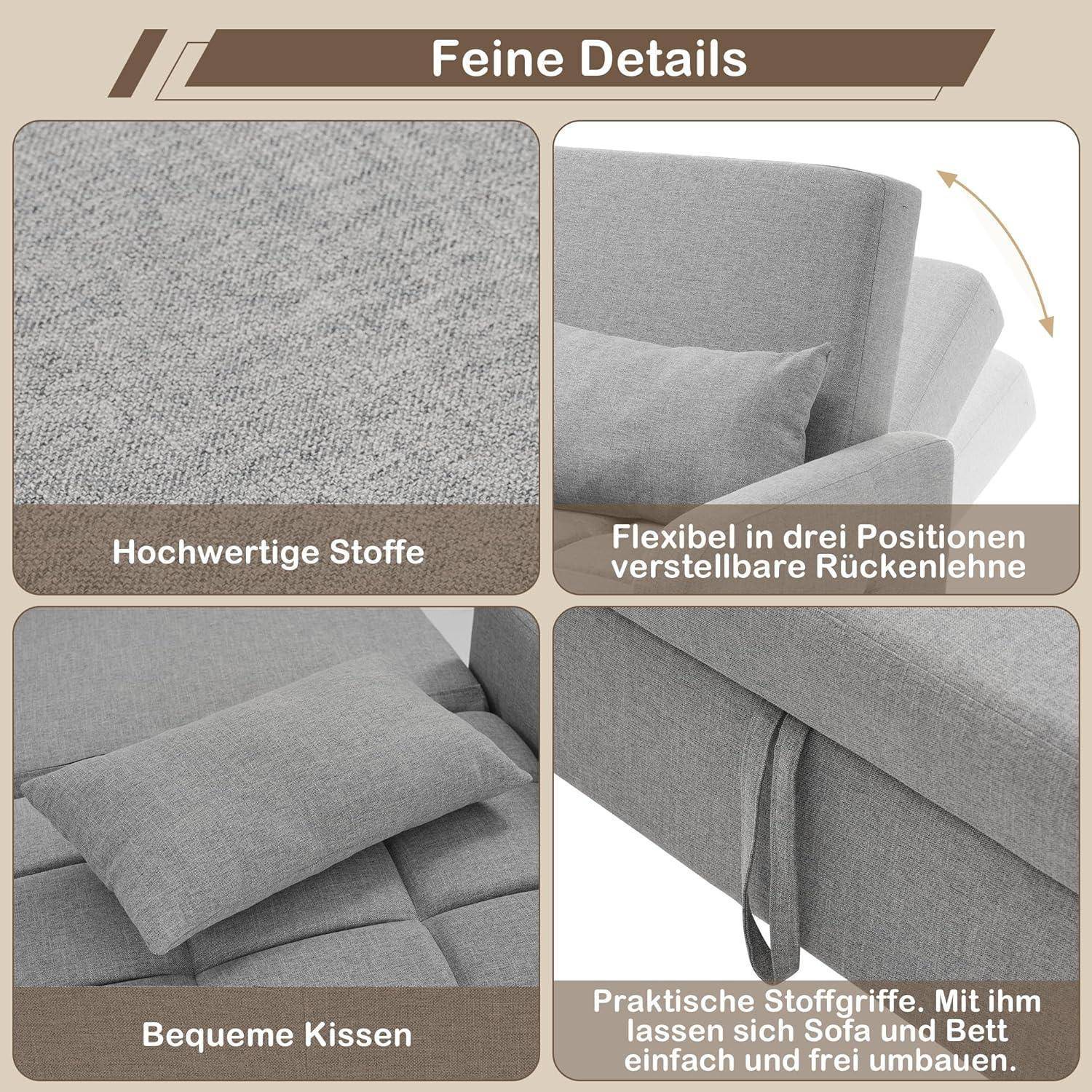 Infografik, die die feinen Details eines grauen Schlafsofa zeigt: hochwertige Stoffe, verstellbare Rückenlehne in drei Positionen, komfortable Kissen und praktische Stoffgriffe für einfache Umwandlung zwischen Sofa und Bett.