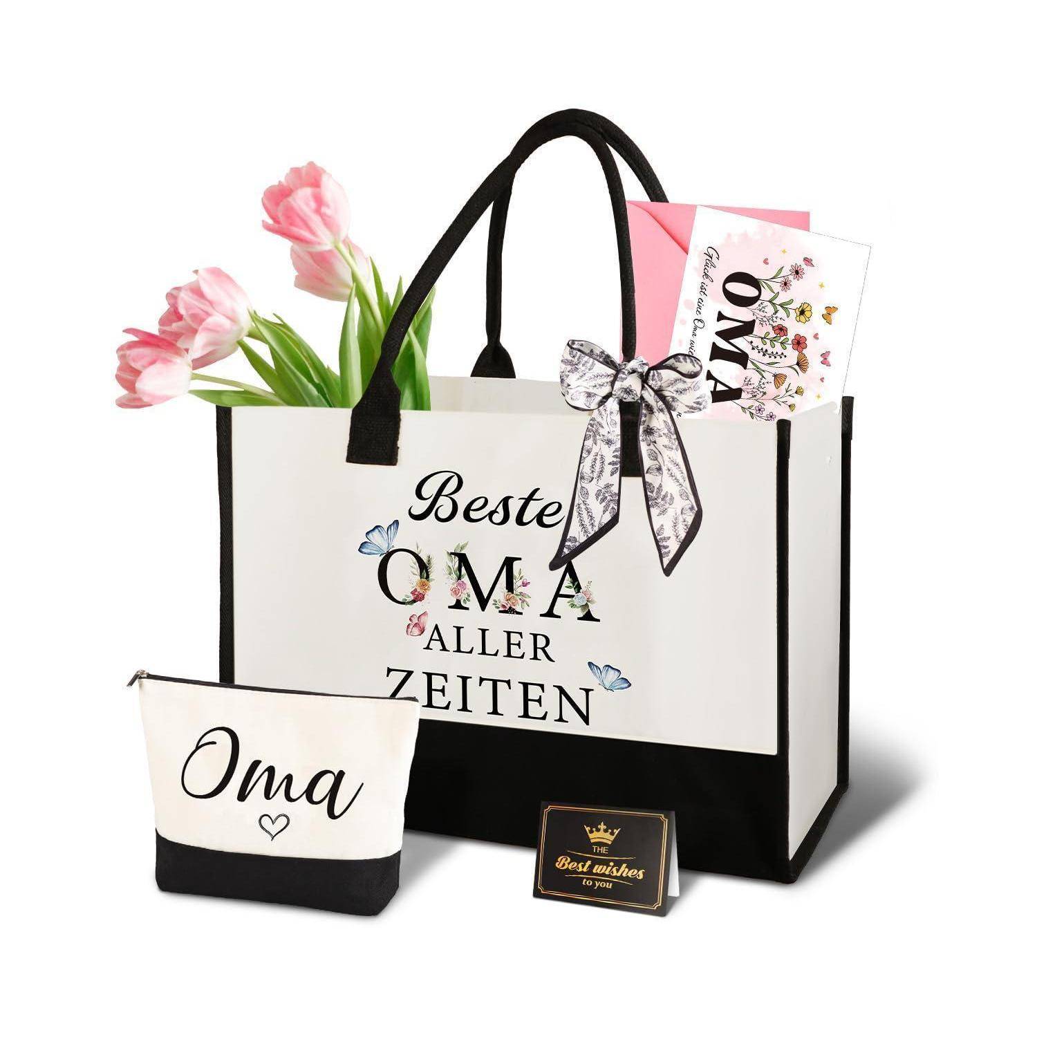 Geschenktasche für Oma mit Blumen, Band, kleinem Beutel und Grußkarte „Alles Gute