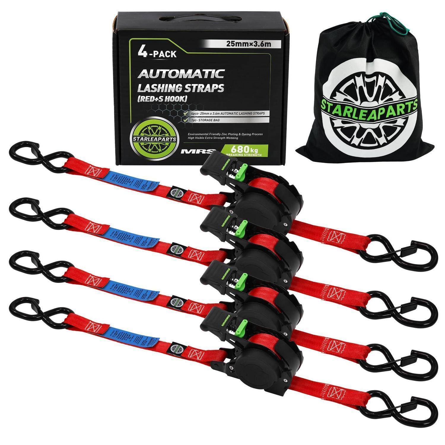 Viererpack automatische Spannriemen mit rotem Gewebe und schwarzen Haken, abgebildet mit Produktbox und Aufbewahrungstasche, belastbar bis 680 kg.