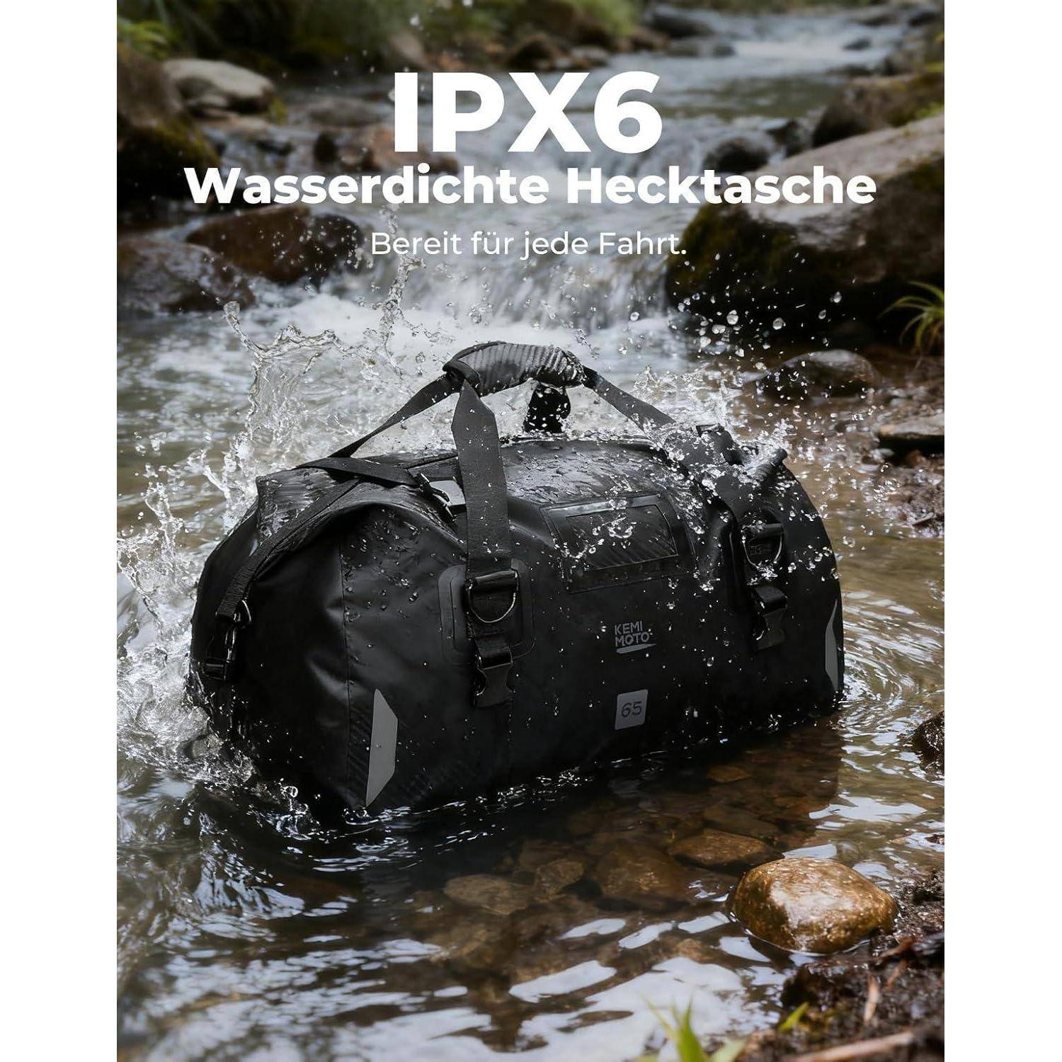 KEMIMOTO Motorrad Hecktasche 65L, IPX6 wasserdichte Motorradtasche Gepäckrolle mit Schnellverschlussgurten, Große Kapazität &amp; Mehrere Fächer, Idea