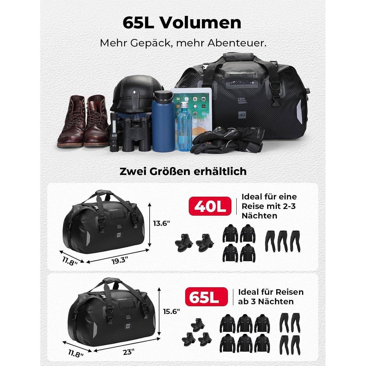 KEMIMOTO Motorrad Hecktasche 65L, IPX6 wasserdichte Motorradtasche Gepäckrolle mit Schnellverschlussgurten, Große Kapazität &amp; Mehrere Fächer, Idea
