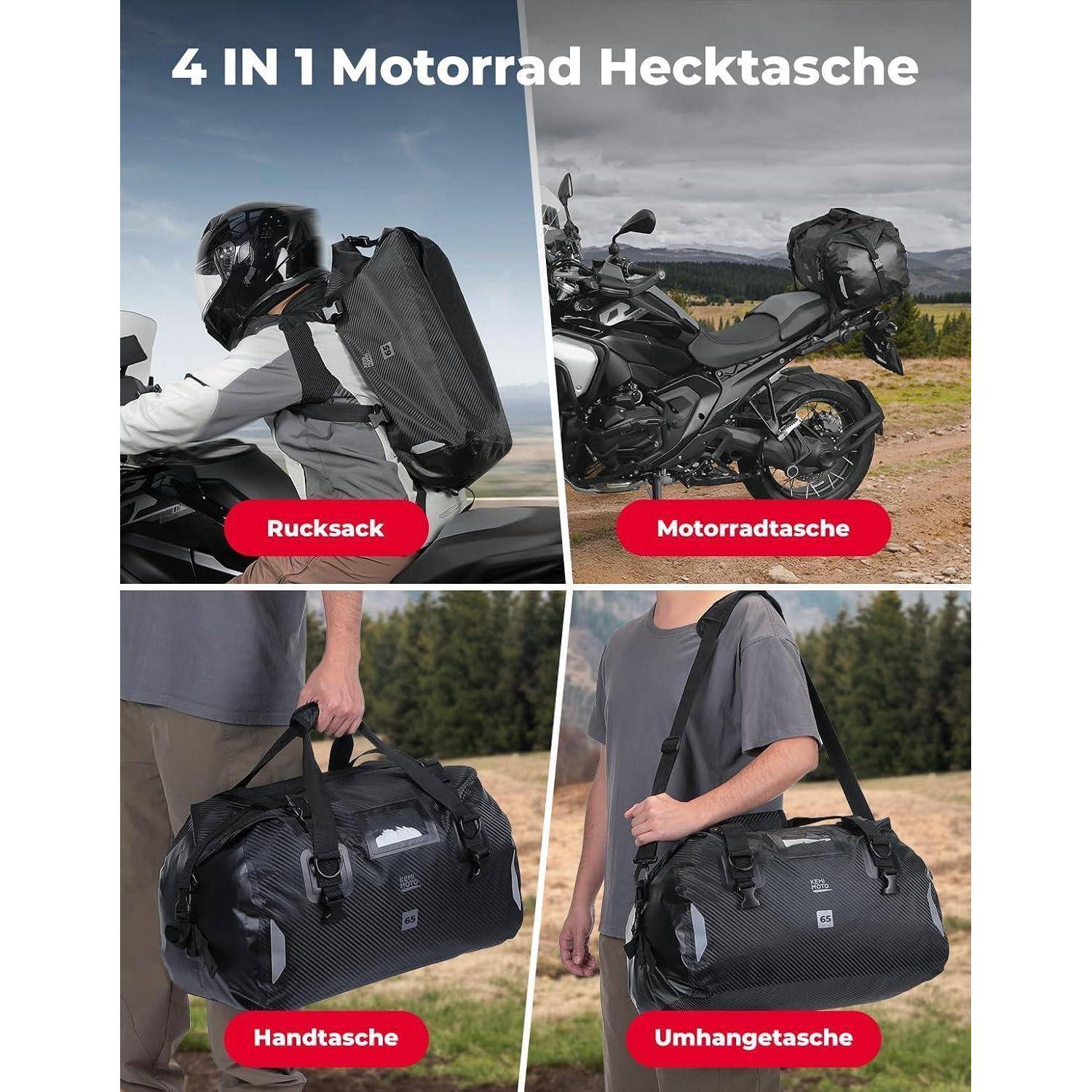KEMIMOTO Motorrad Hecktasche 65L, IPX6 wasserdichte Motorradtasche Gepäckrolle mit Schnellverschlussgurten, Große Kapazität &amp; Mehrere Fächer, Idea