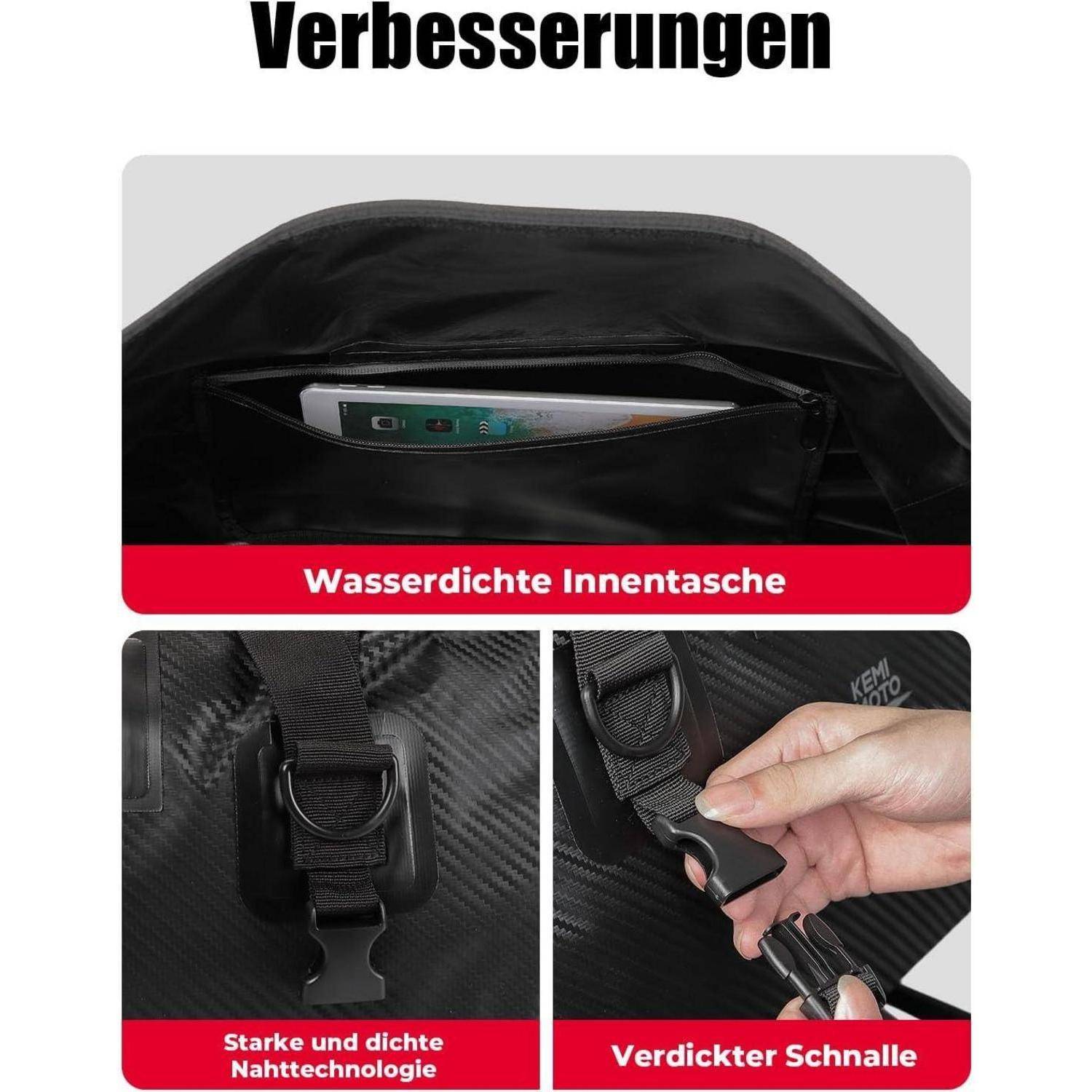 KEMIMOTO Motorrad Hecktasche 65L, IPX6 wasserdichte Motorradtasche Gepäckrolle mit Schnellverschlussgurten, Große Kapazität &amp; Mehrere Fächer, Idea