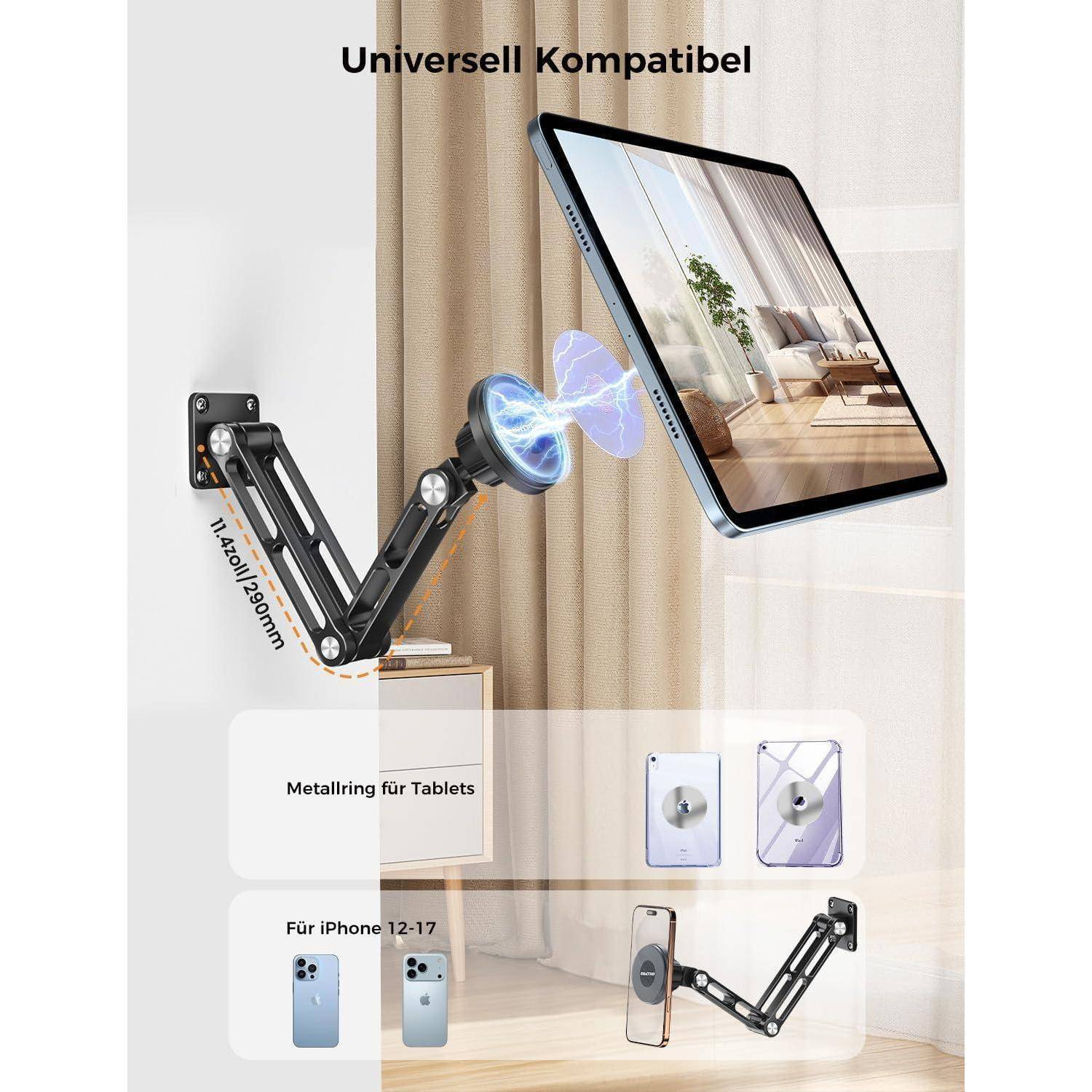 Verstellbare Metall-Tablet- und Telefonhalterung, die ein Tablet im Hochformat hält, mit Text „Universell Kompatibel" und „Metallring für Tablets"", zeigt Kompatibilität mit iPhone 12-17.