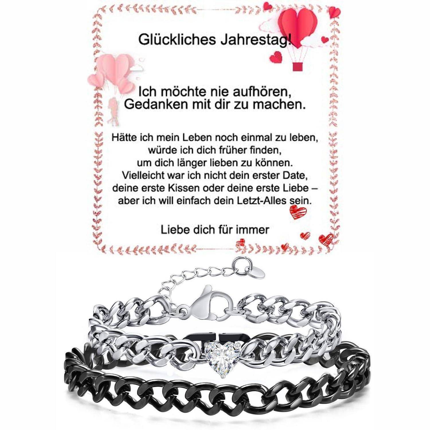 Deutsches Jubiläumskarte mit Herzen und Luftballons, auf der „Glückliches Jahrestag! ... Liebe dich für immer