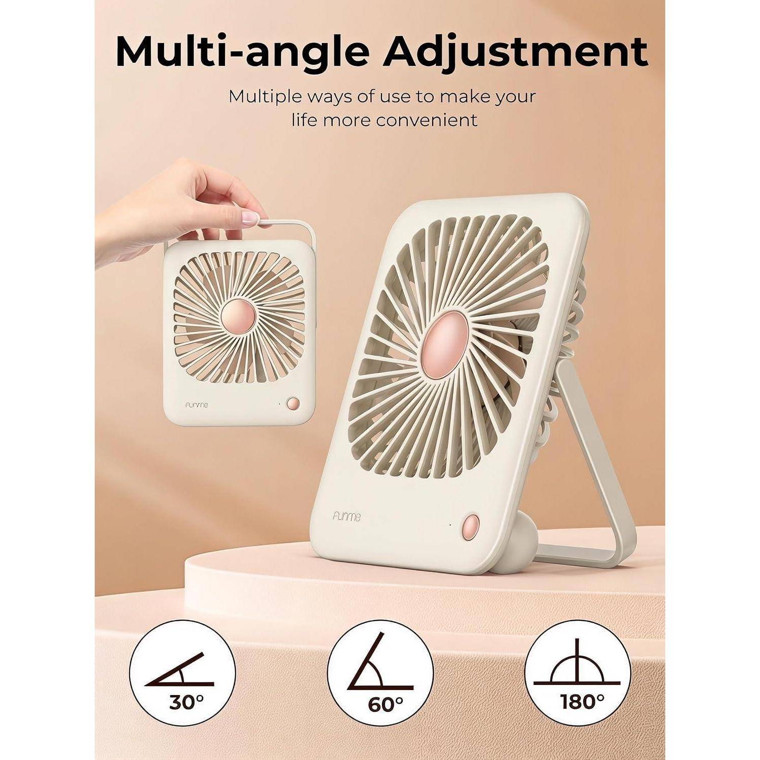 Werbebild eines tragbaren Ventilators mit verstellbarem Ständer, das Winkel von 30°, 60° und 180° für die Verwendung in mehreren Winkeln zeigt.
