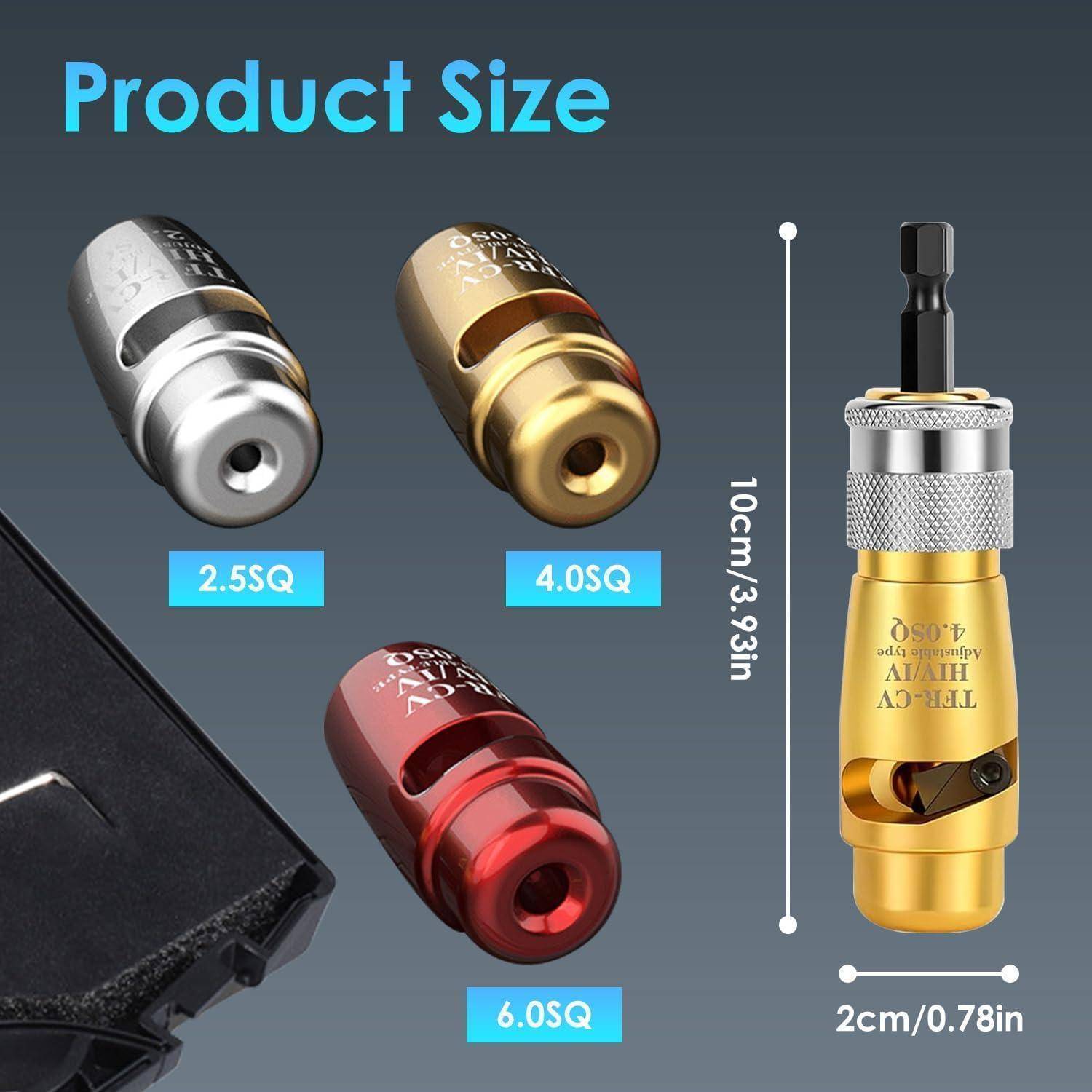 Produktgrößentabelle mit drei Verbindersteckern mit der Bezeichnung 2,5SQ, 4,0SQ und 6,0SQ, plus dem montierten Goldstecker mit den Abmessungen 10 cm x 2 cm.