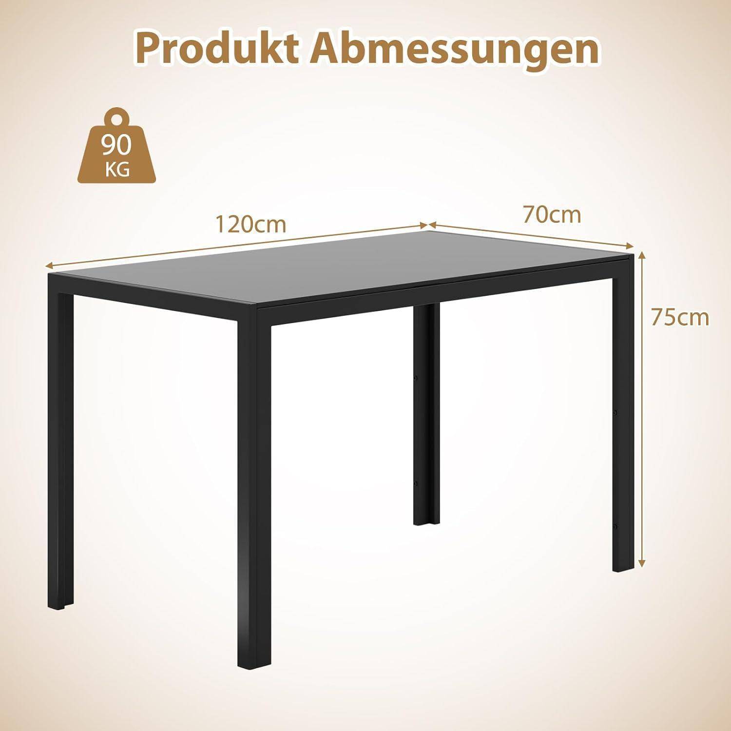 Produktabmessungen eines rechteckigen Tisches: 120 cm lang, 70 cm breit, 75 cm hoch, mit einer Gewichtsbegrenzung von 90 kg.