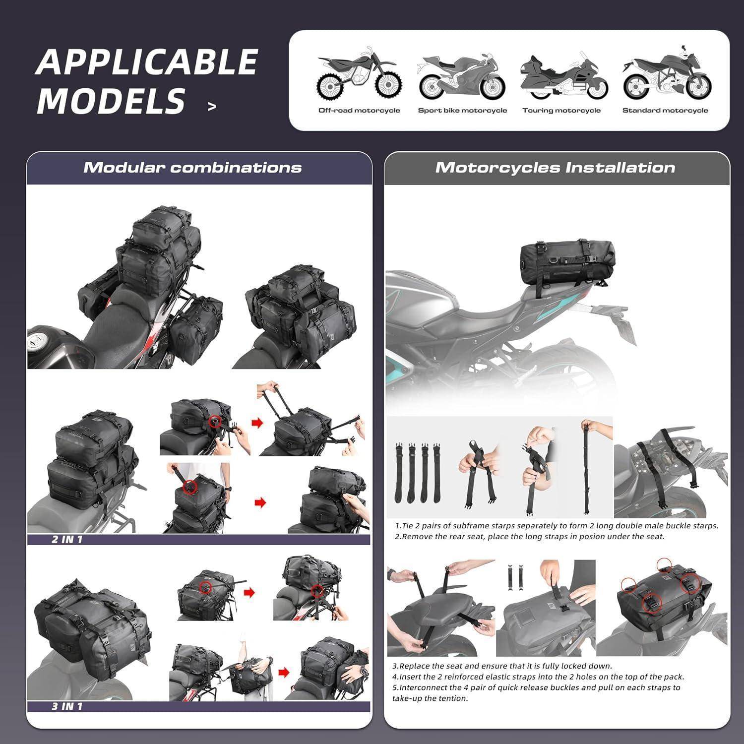 Instructional-Infografik mit anwendbaren Motorradgepäckmodellen und Anleitung zur Installation modularer Taschen auf Motorradsitz und Hecktablett, mit illustrierten 2-in-1- und 3-in-1-Kombinationen.