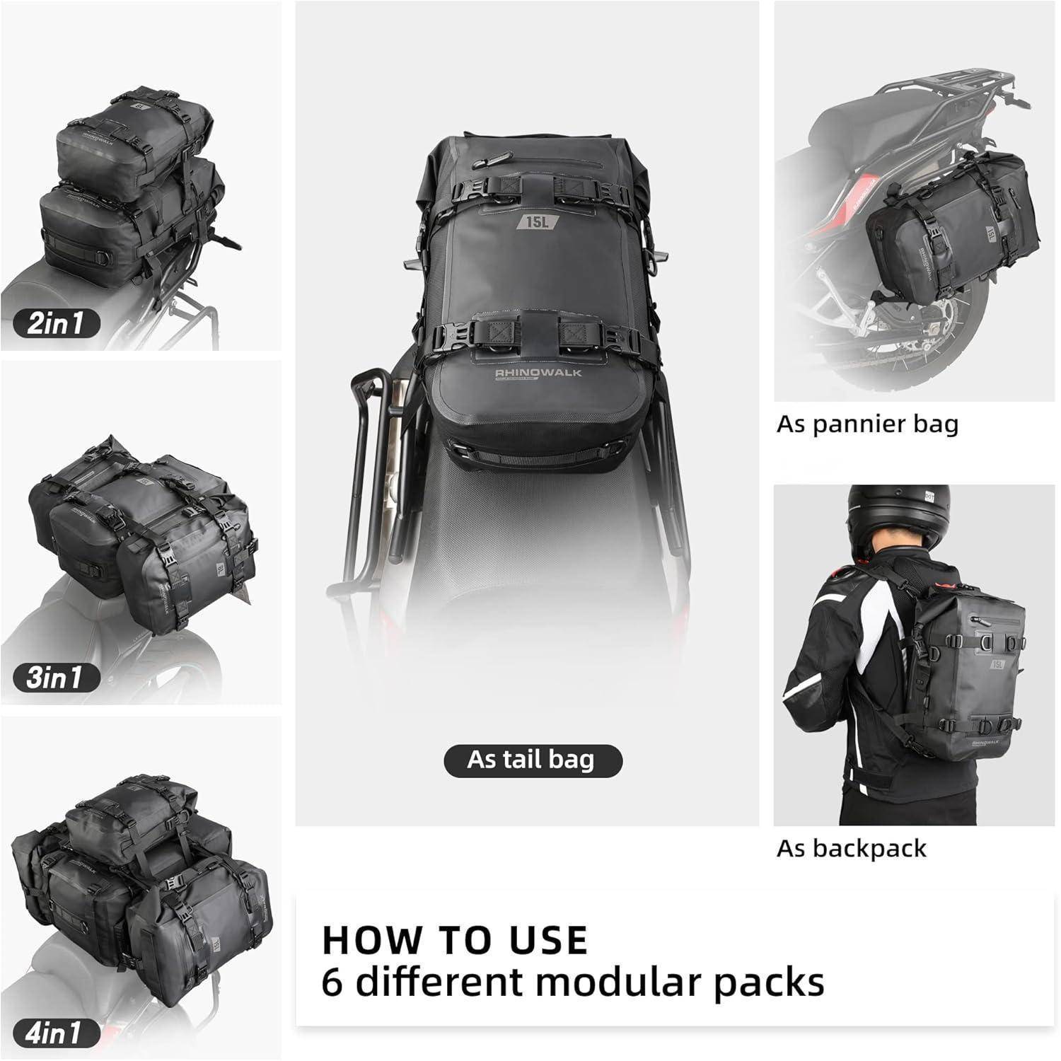 Instruktionsgrafik, die eine modulare Fahrraddtasche zeigt, die als Hecktasche, Satteltasche oder Rucksack verwendet wird, mit sechs Packkonfigurationen.