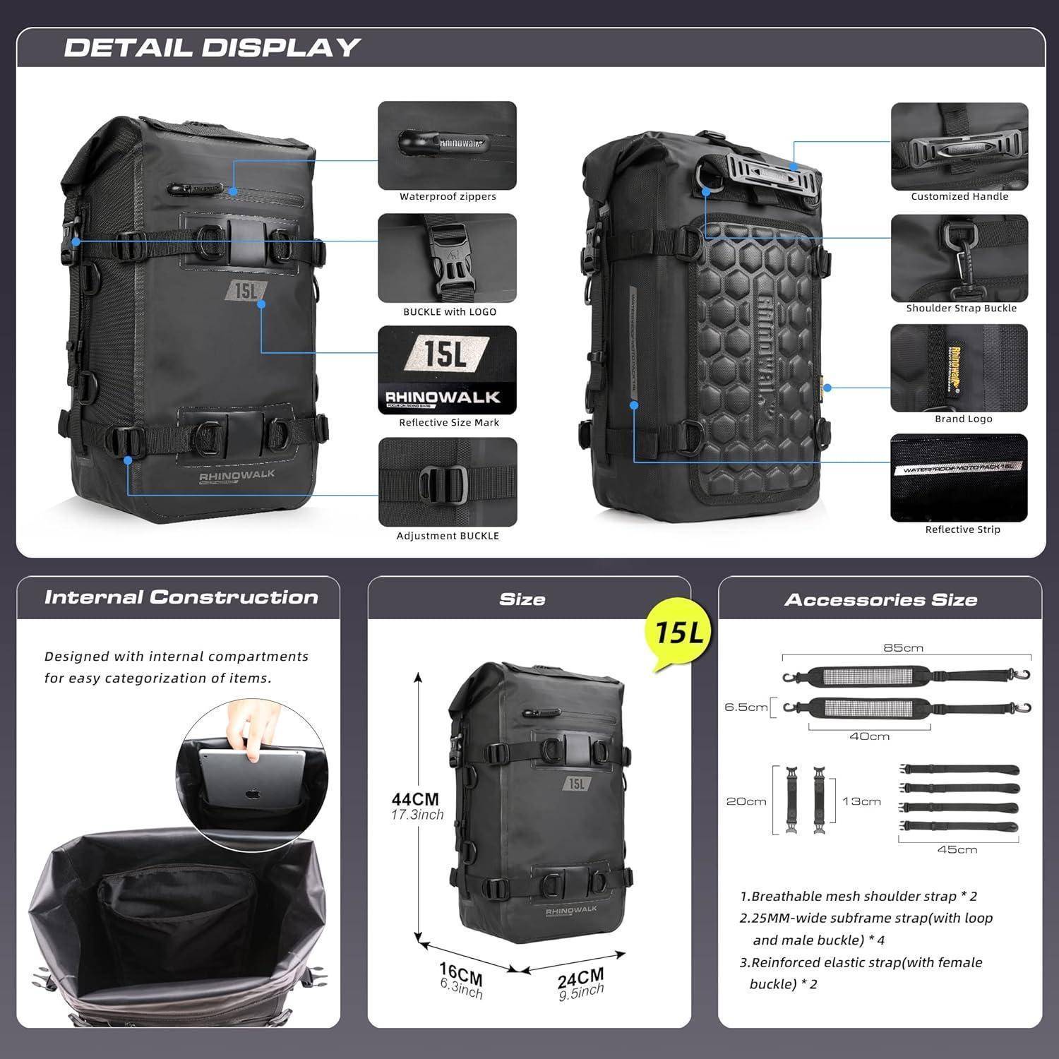 Produktinfografik eines schwarzen RHINOWALK 15L-Rucksacks mit detaillierten Funktionen, inneren Fächern und Abmessungen: 44 cm hoch, 24 cm breit, 16 cm tief, mit aufgelisteten Zubehörgurt-Größen.