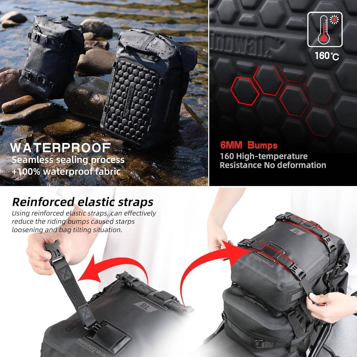 Produktanzeige, die einen robusten schwarzen Rucksack mit wasserdichtem, hitzebeständigem und verstärktem elastischem Riemen zeigt; Nahaufnahmen heben 6-mm-Noppen und 160°C-Beständigkeit hervor.