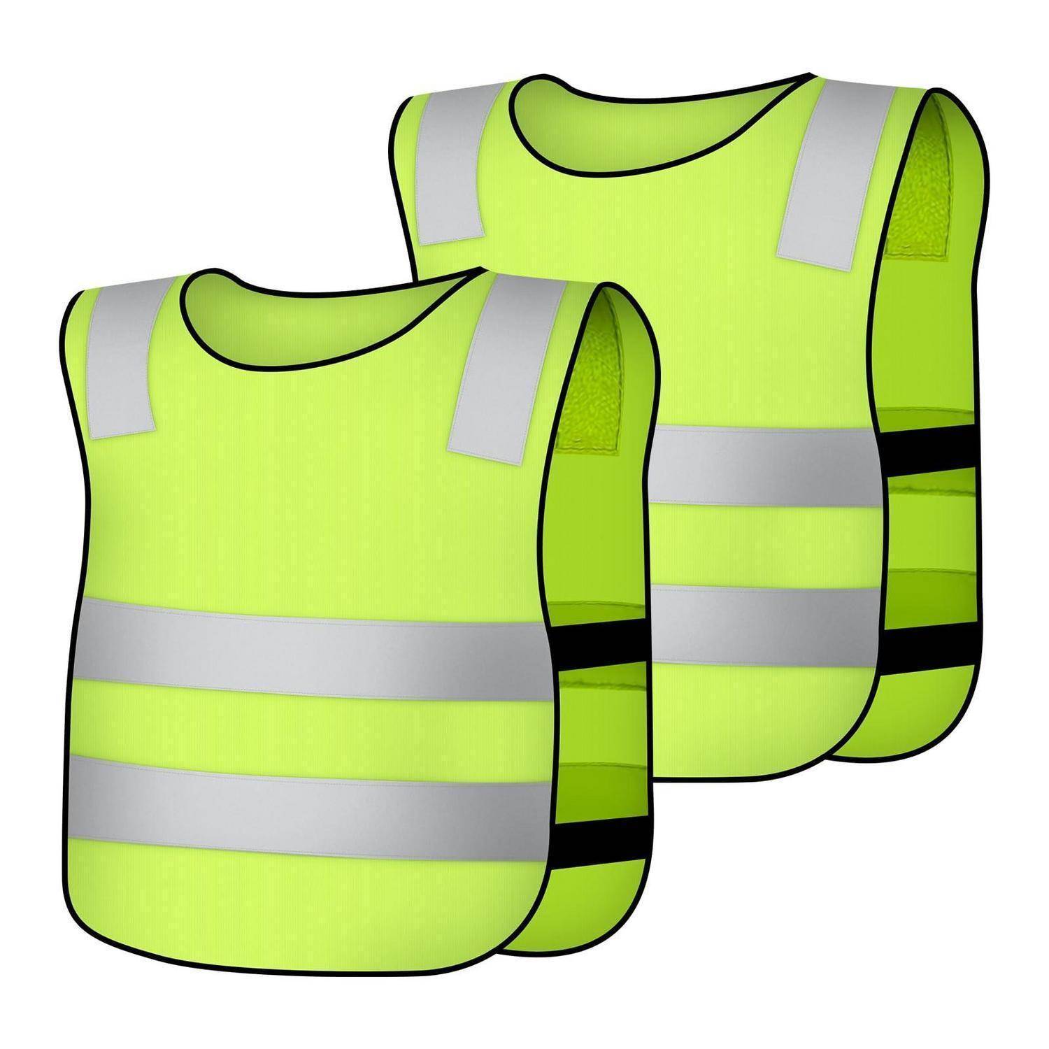 Zwei neongelbe Sicherheitswesten mit reflektierenden grauen Streifen, von vorne und von hinten auf weißem Hintergrund dargestellt.