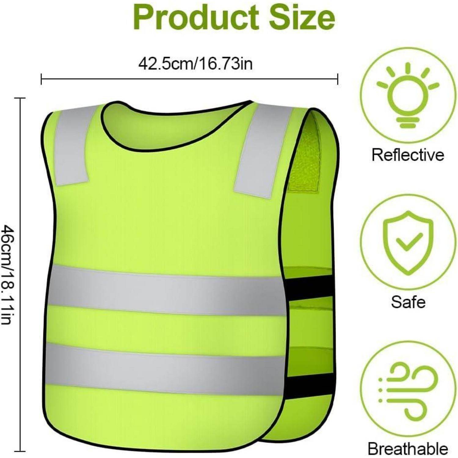 Produktgrößendiagramm einer neongrünen reflektierenden Sicherheitsweste mit Abmessungen von 42,5 cm Breite und 46 cm Höhe sowie Symbolen für reflektierend, sicher und atmungsaktiv.