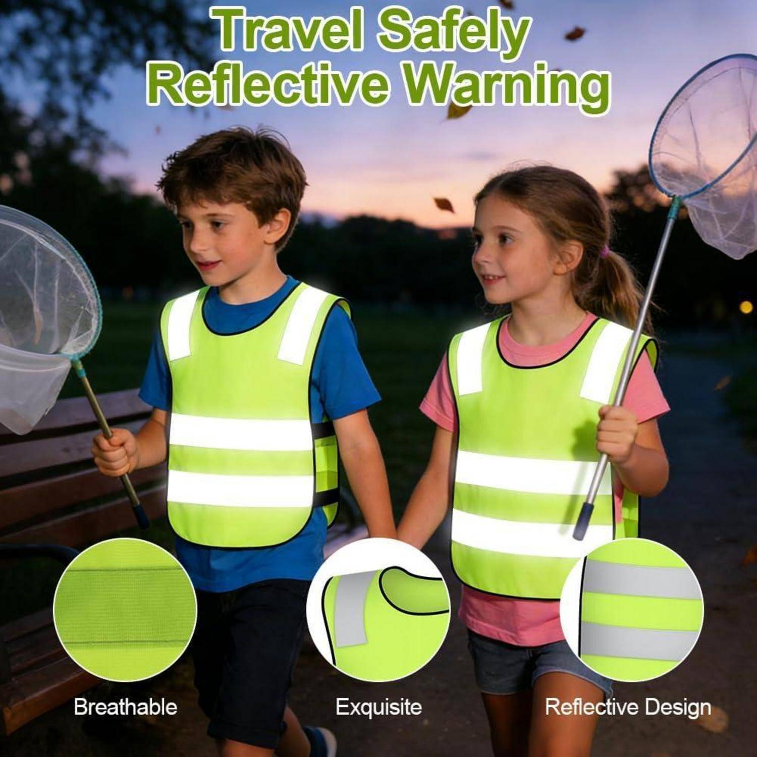 Zwei Kinder in leuchtenden reflektierenden Sicherheitswesten, die Netze halten, mit dem Text „Travel Safely Reflective Warning