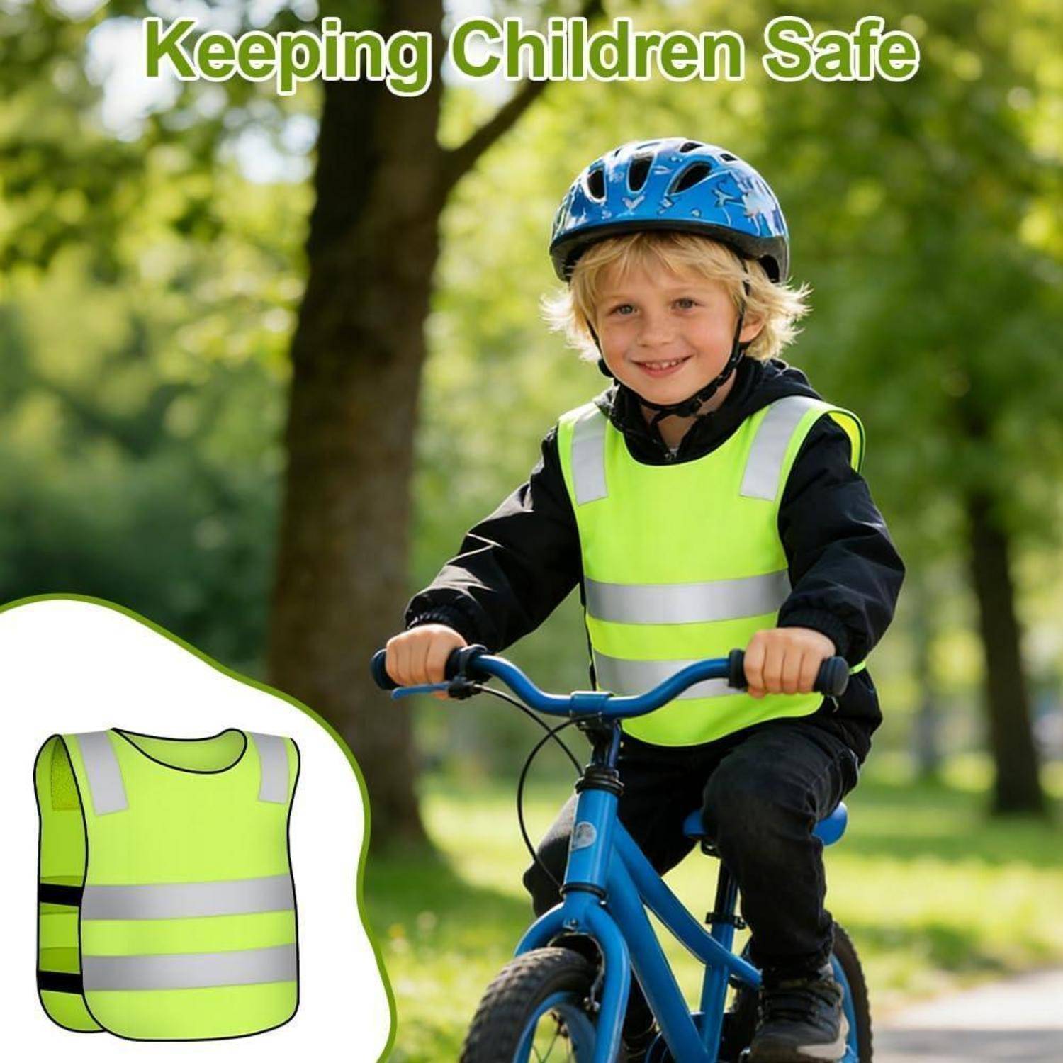 Kleines Kind mit Helm und Warnweste fährt auf einem Fahrrad im Park, mit dem Text 