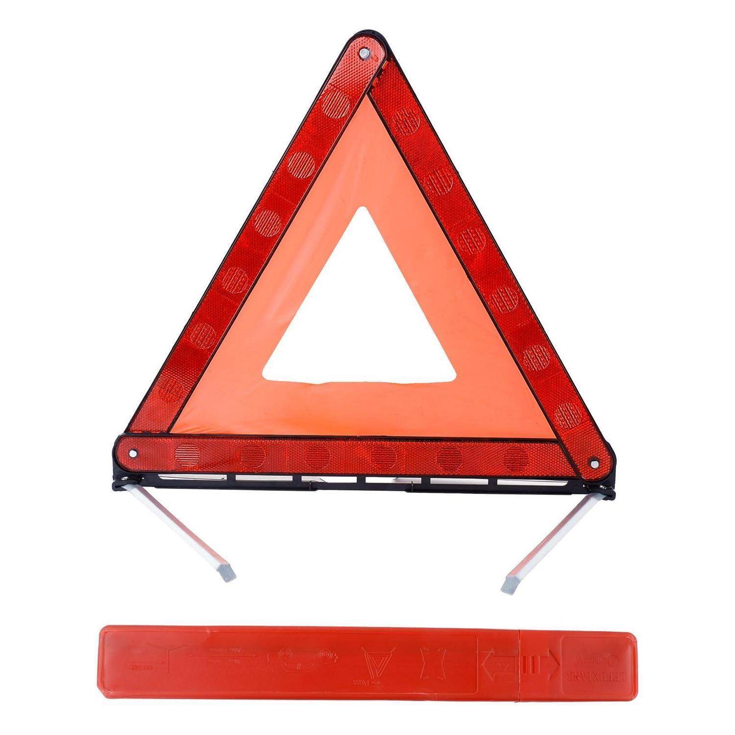 Rotes reflektierendes Warndreieck mit ausklappbaren Beinen und Tragetasche, wird für Notfallsignalisierung am Straßenrand verwendet.