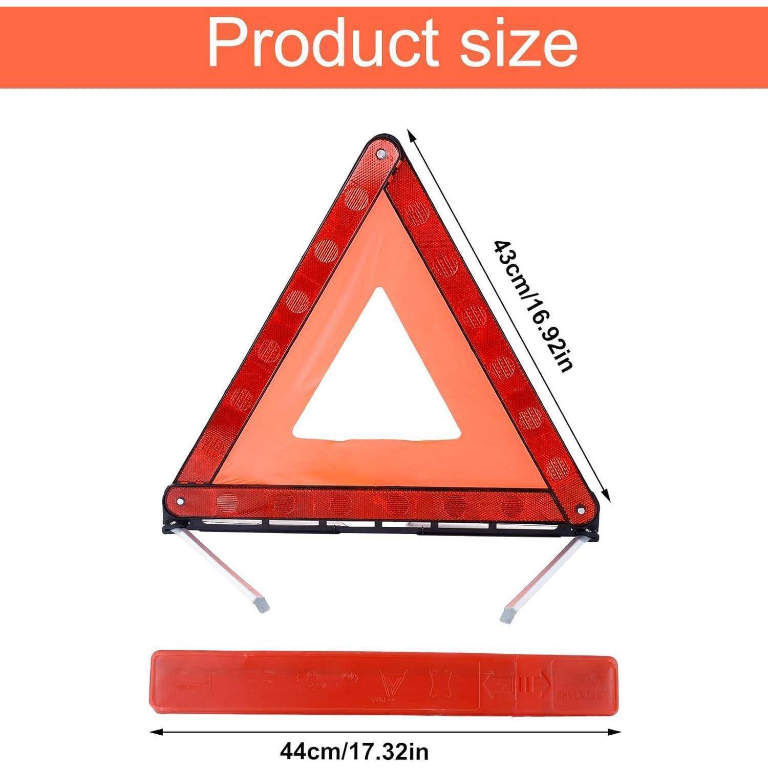 Produktgrößendiagramm eines roten dreieckigen Warnschilds und einer Aufbewahrungsbox, das zeigt, dass das Schild 43 cm (16,92 Zoll) hoch und die Box 44 cm (17,32 Zoll) breit ist.