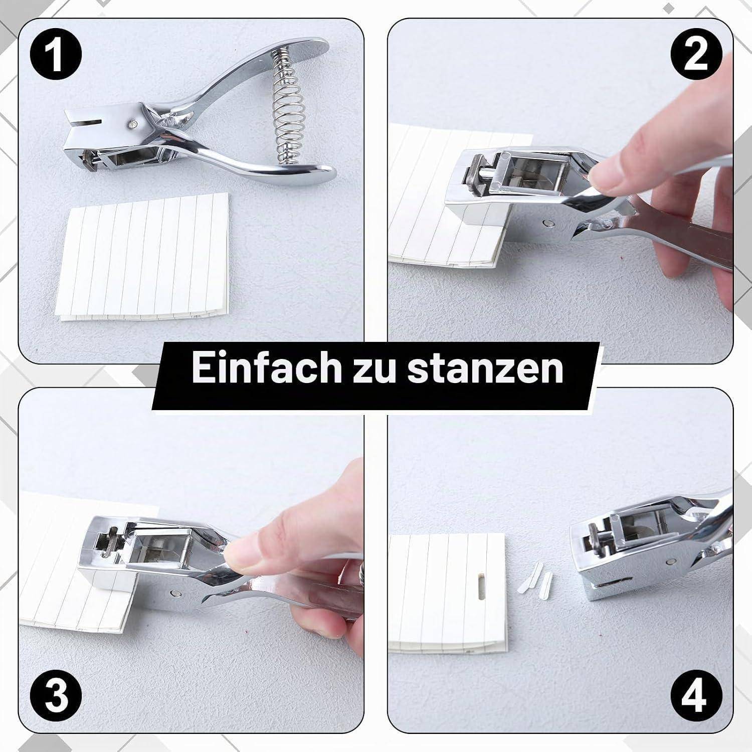 Vier-Schritt-Demo eines tragbaren Lochers: Papier ausrichten, einführen, zum Stanzen drücken, dann die ausgestanzten Streifen entfernen; Text sagt „Einfach zu stanzen".