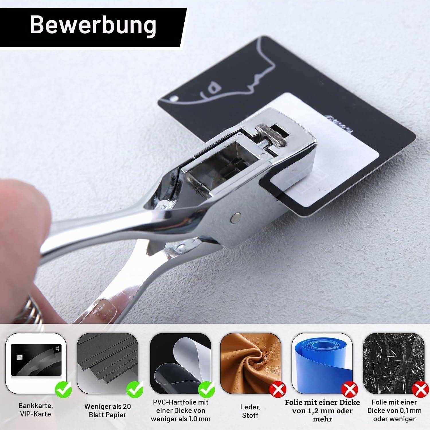 Ein Metalllocher drückt durch eine schwarze Bewerbungskarte mit der Aufschrift „Bewerbung"; darunter zeigen Materialbeispiele grüne Haken für geeignetes Papier und rote Kreuze für ungeeignetere dickere oder kunststoffähnliche Materialien.