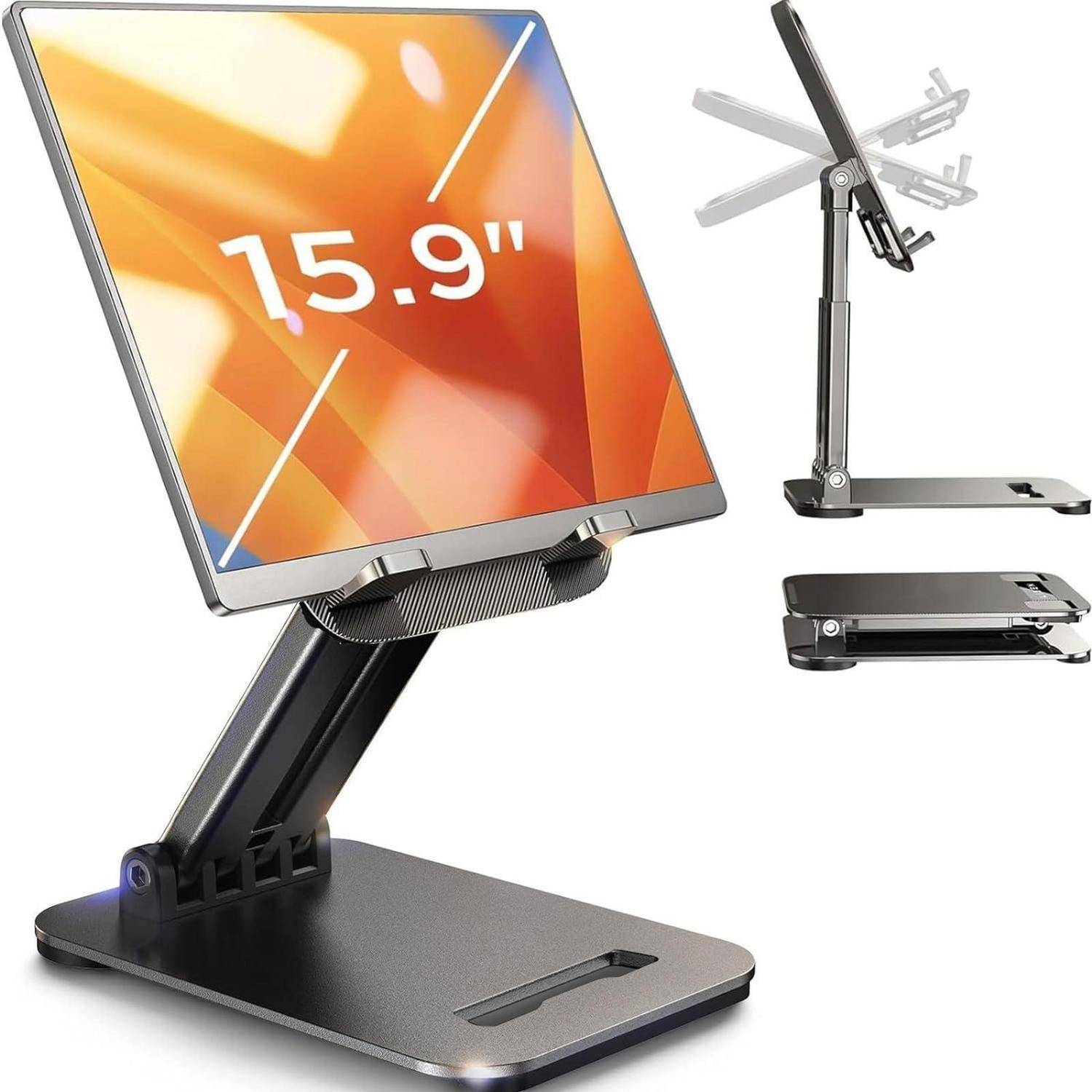 Verstellbarer Metall-Tablet-Ständer für einen 15,9-Zoll-Bildschirm, gezeigt in geneigter, zusammengeklappter und flacher Position.