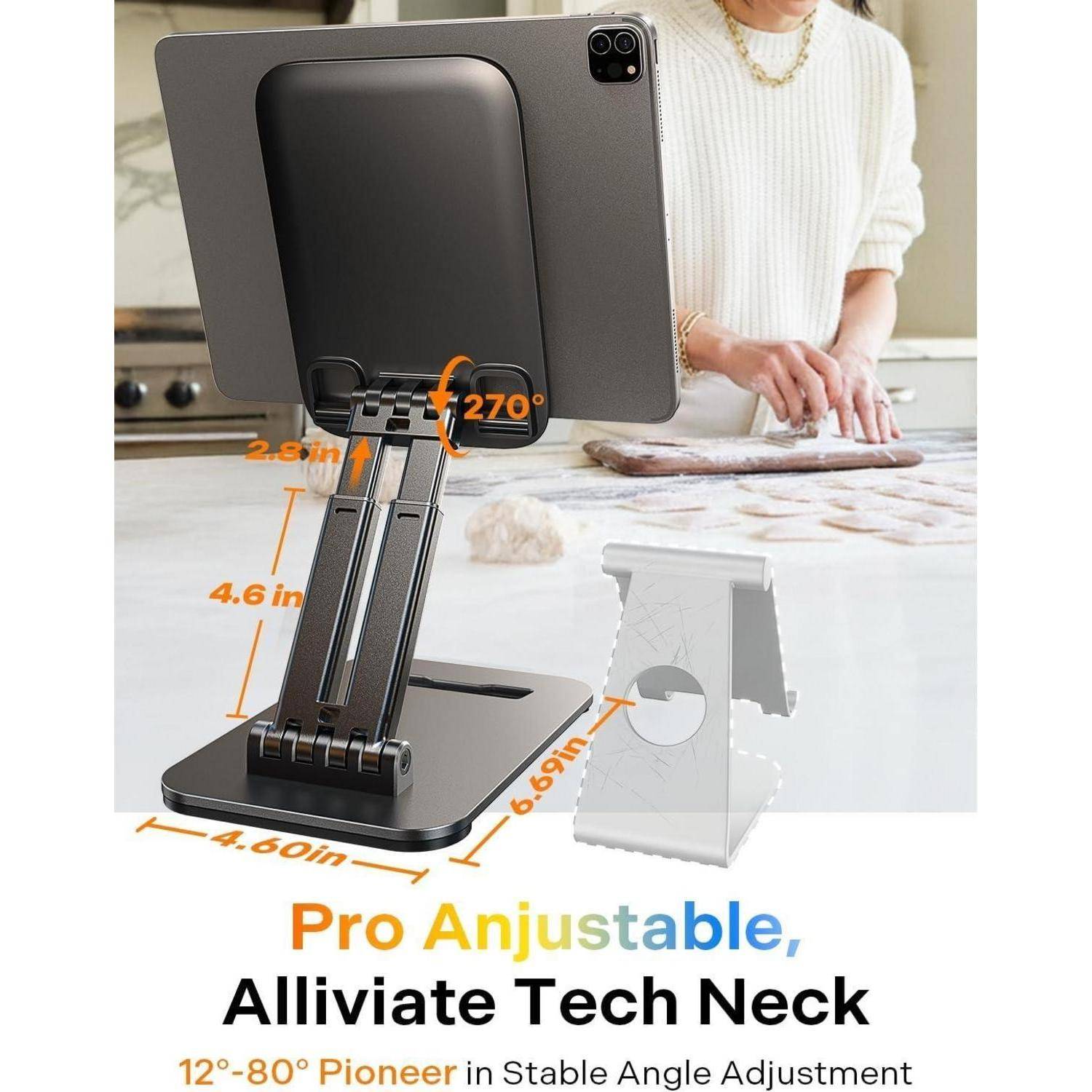 Verstellbarer Tablet-Ständer, der ein Tablet aufrecht hält, gezeigt mit Winkel- und Höhenmessungen; Text lautet „Pro Verstellbar, Lindern Sie Tech Neck" und „12°-80° Pionier in stabiler Winkelverstellung"".