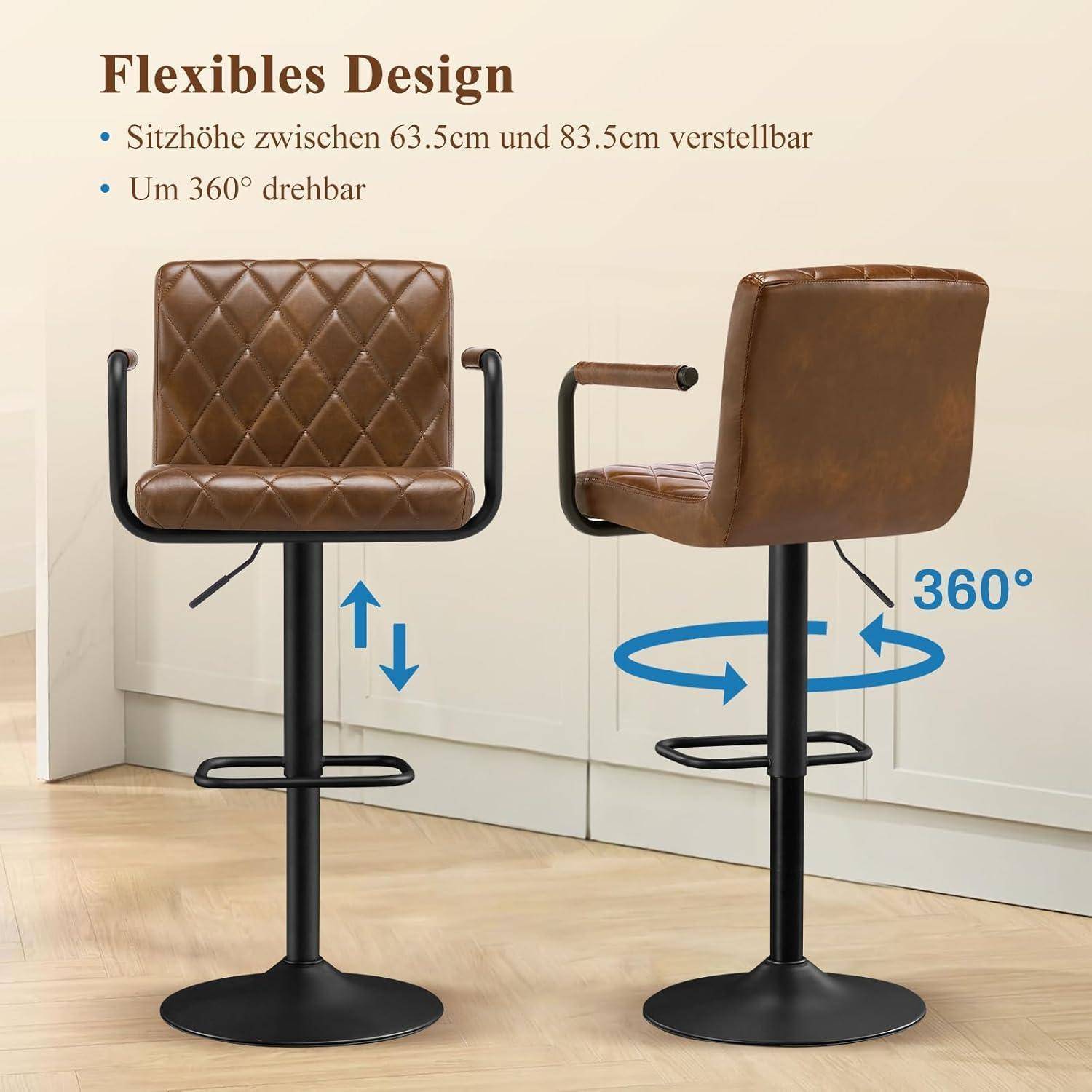 Barhocker 2er Set höhenverstellbar 360° drehbar mit Armlehnen Rückenlehne Fußstütze Gelbbraun in Lederoptik