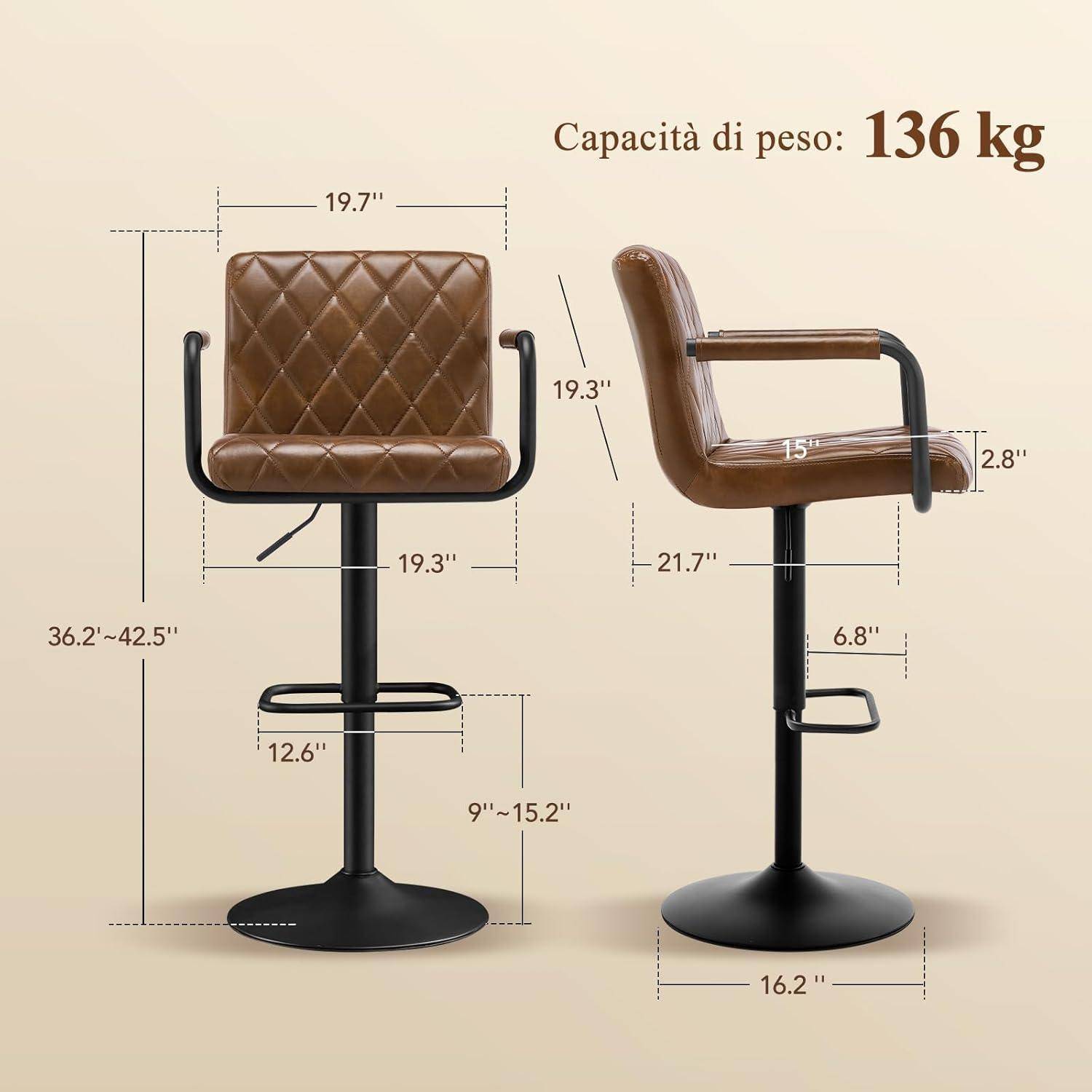 Barhocker 2er Set höhenverstellbar 360° drehbar mit Armlehnen Rückenlehne Fußstütze Gelbbraun in Lederoptik