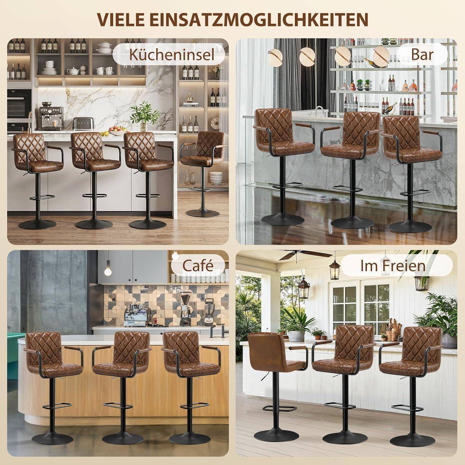 Barhocker 2er Set höhenverstellbar 360° drehbar mit Armlehnen Rückenlehne Fußstütze Gelbbraun in Lederoptik