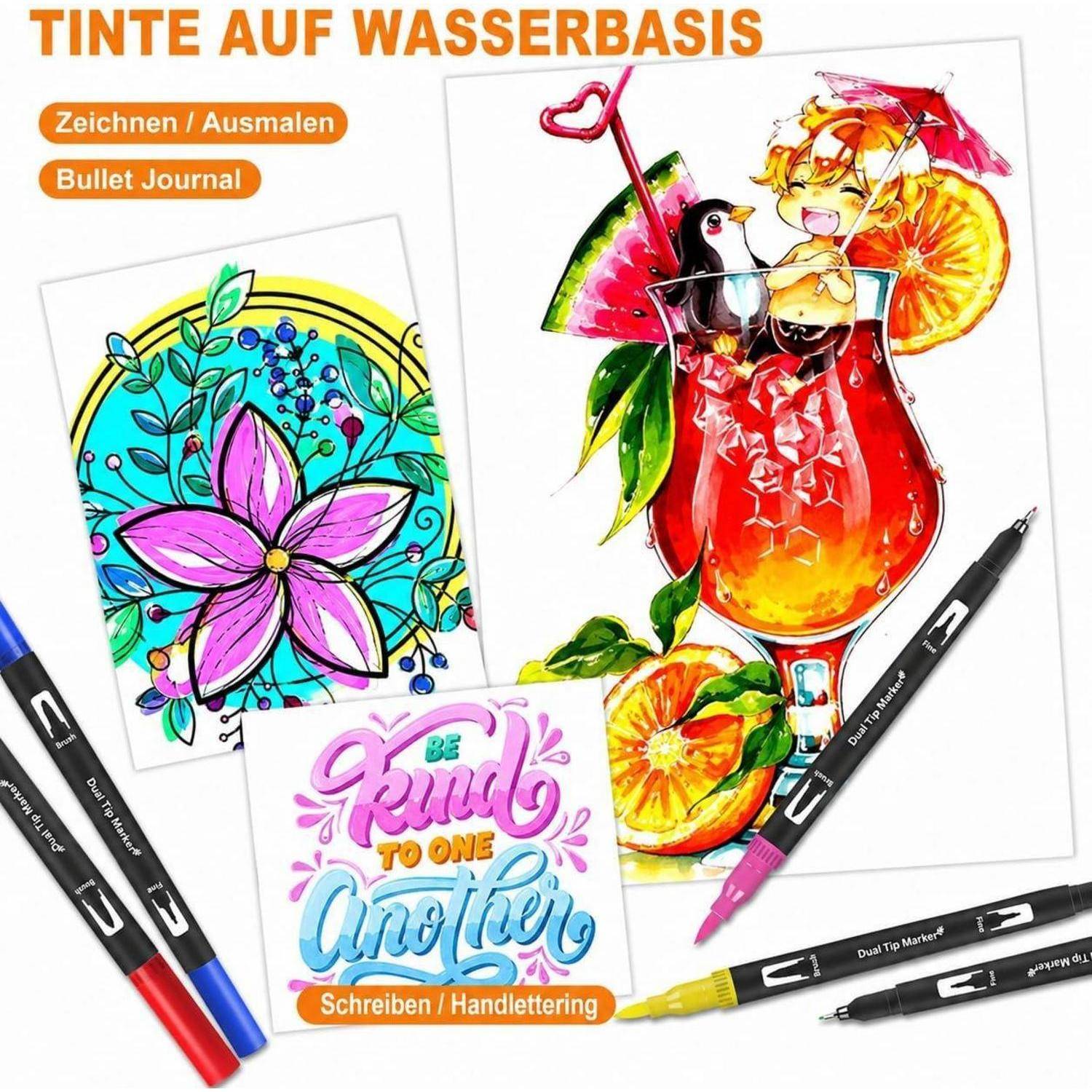 Promotional-Collage für Stifte mit Tinte auf Wasserbasis mit Beispielen zum Färben, Bullet Journaling und Handlettering, mit dem Text „Tinte auf Wasserbasis