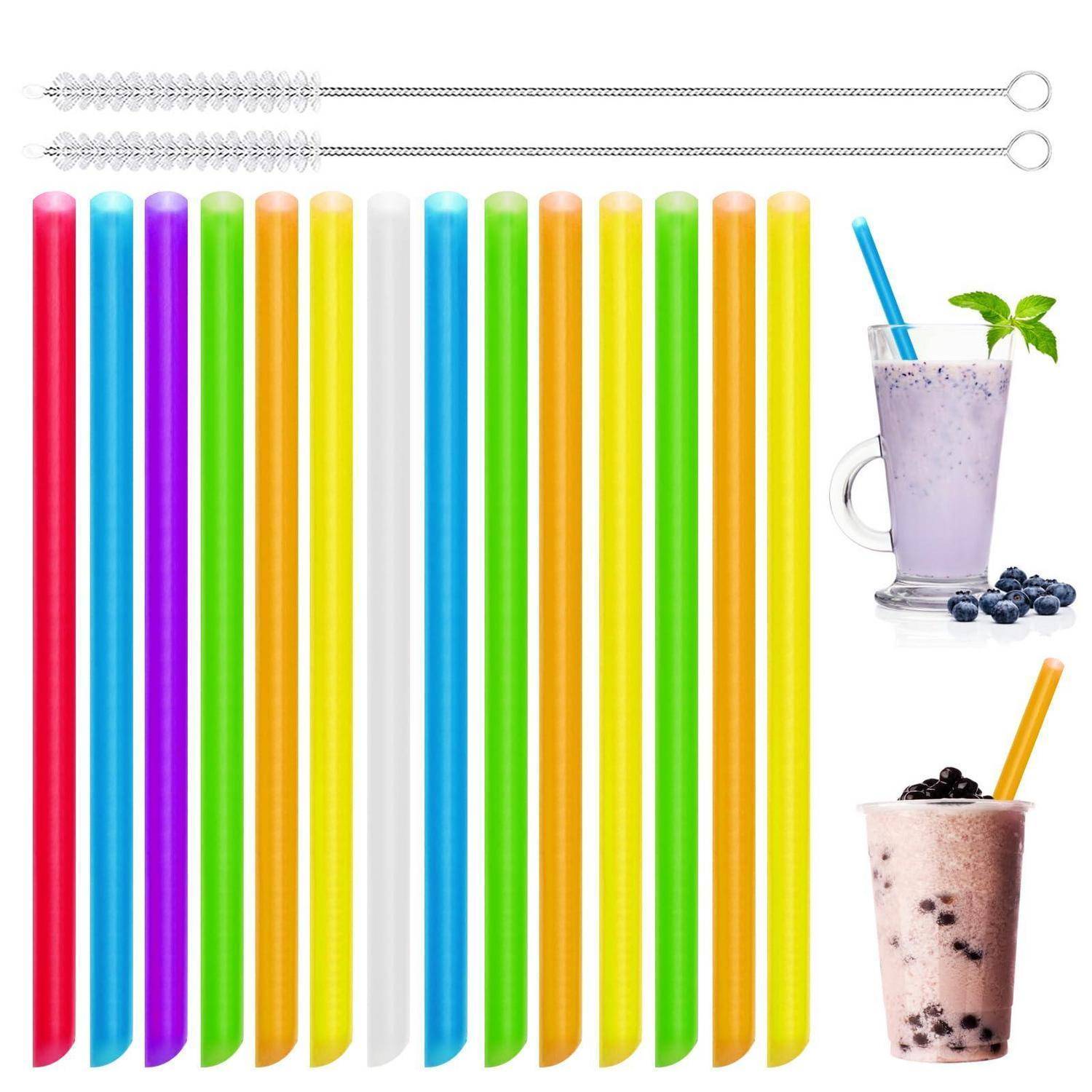 100 Stück große Strohhalme mit 2 Flaschenbürsten, Strohhalm, wiederverwendbar, extra großer Strohhalm, Bubble Tea Boba Smoothies Mehrfarbig 23cm