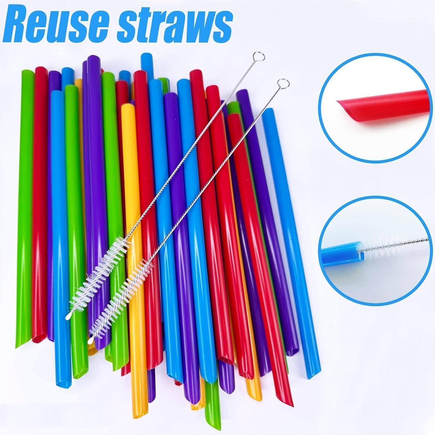 100 Stück große Strohhalme mit 2 Flaschenbürsten, Strohhalm, wiederverwendbar, extra großer Strohhalm, Bubble Tea Boba Smoothies Mehrfarbig 23cm