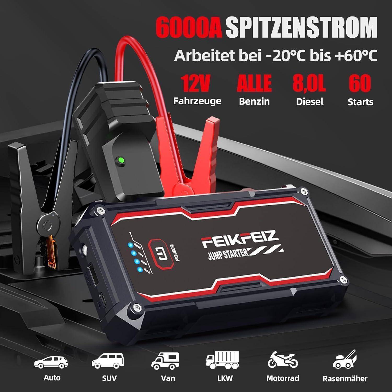 Auto Starthilfe Powerbank, 6000A Spitzenstrom 26800mAh, Geeignet für 12V Auto Batterie (Alle Benzin und Bis Zu 8,0L Diesel), mit USB-Ladeausgang und