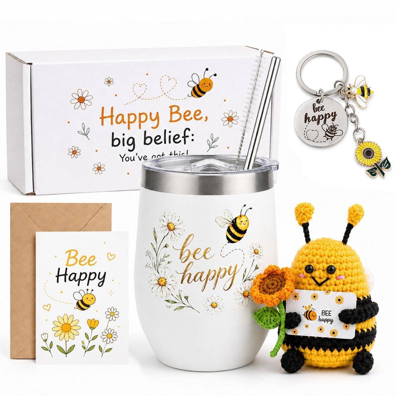 Bienen-thematisches Geschenkset mit 'Happy Bee, big belief: You've got this!' Box, isoliertem Tumbler, Schlüsselanhänger, Karte, Umschlag und gehäkelter Biene, die eine Blume hält.