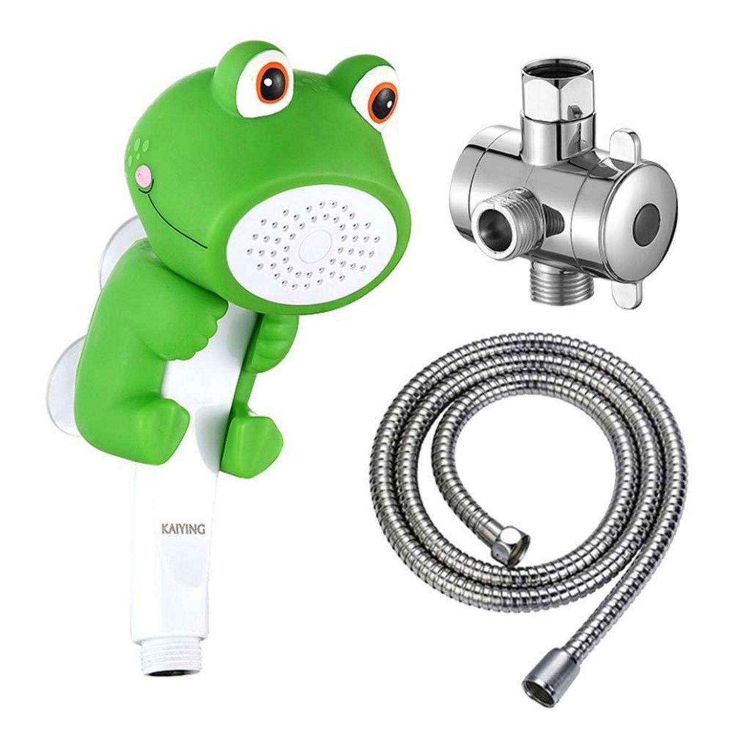 Grüner froschförmiger tragbarer Duschkopf mit Montageventil und Spiralschlauch auf weißem Hintergrund.
