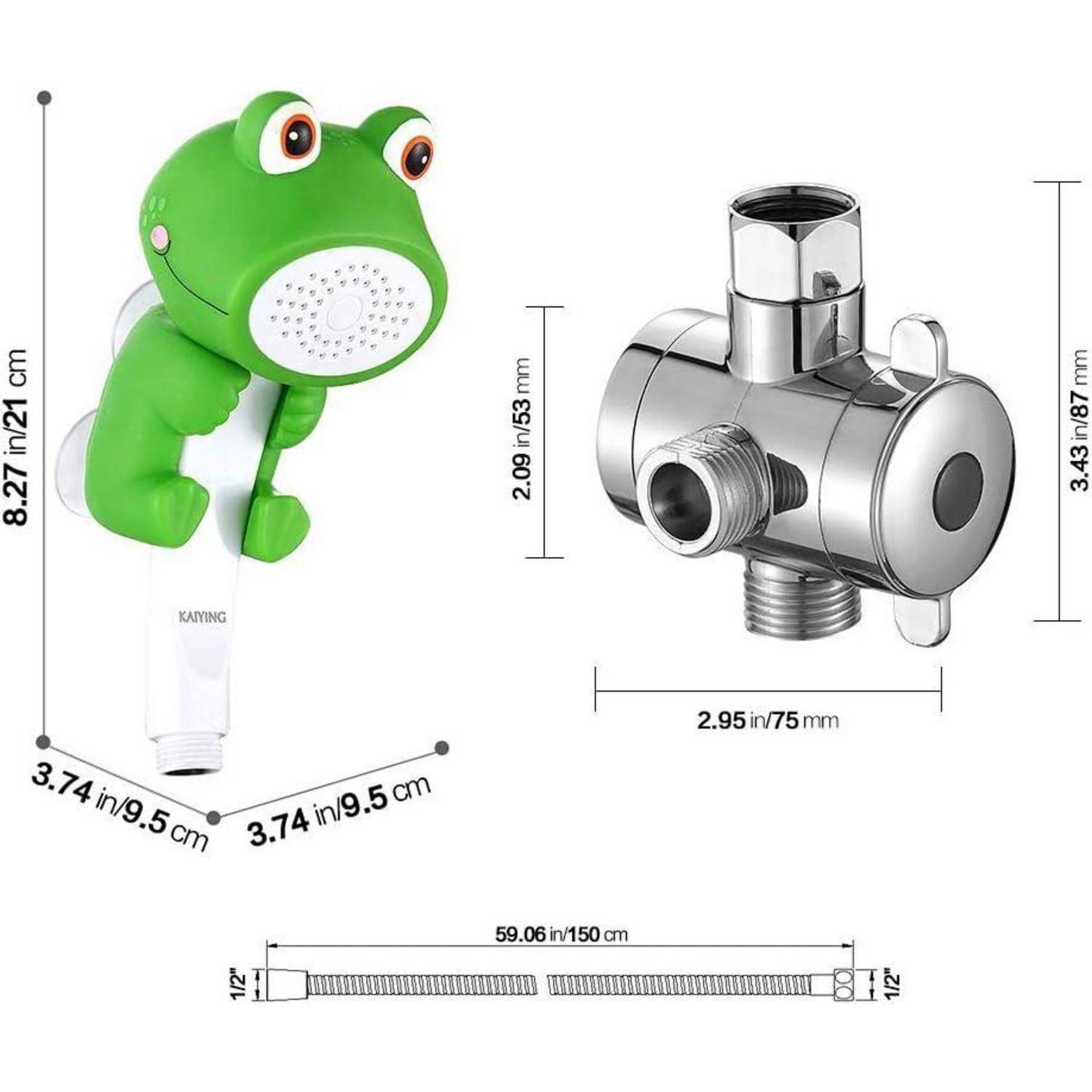 Vergleichsbild mit einem grünen froschförmigen Duschkopf und einem chromfarbenen Drei-Wege-Umschaltventil mit beschrifteten Abmessungen in Zoll und Zentimetern.