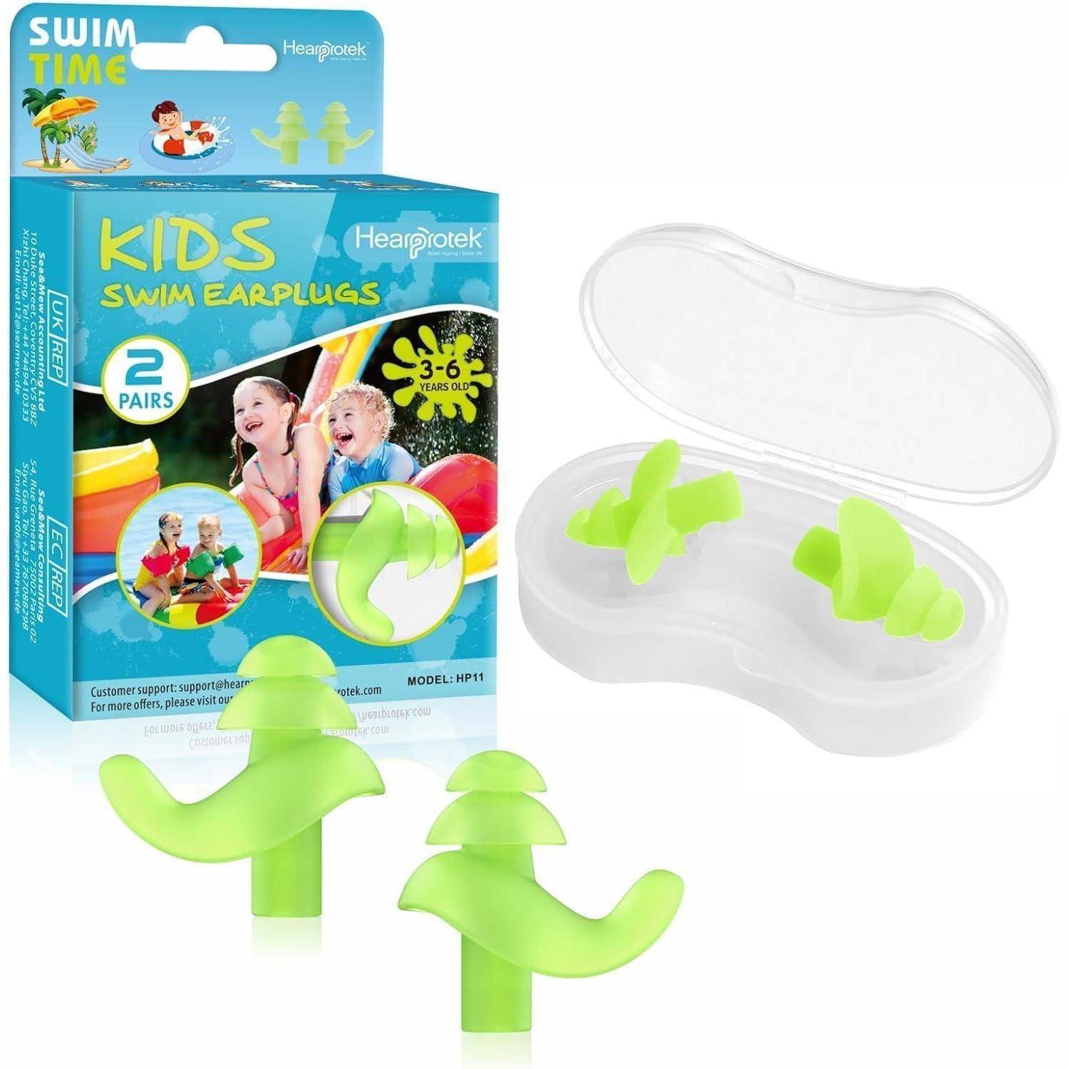 Verpackte Hearprotek Kinder-Ohrstöpsel zum Schwimmen, 2 Paar für Alter 3-6, gezeigt mit transparentem Etui und grünen Ohrstöpseln.
