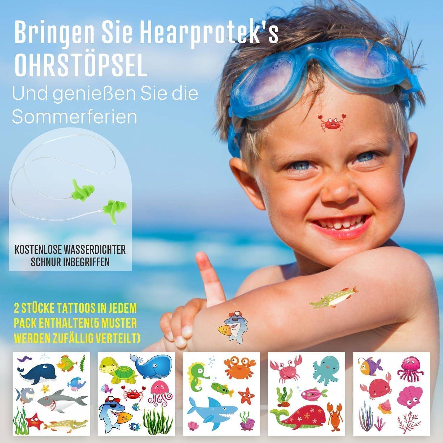 Kinderanzeige für Ohrstöpsel: Lachendes Kind am Strand mit blauen Schwimmbrille, mit Text, der 
