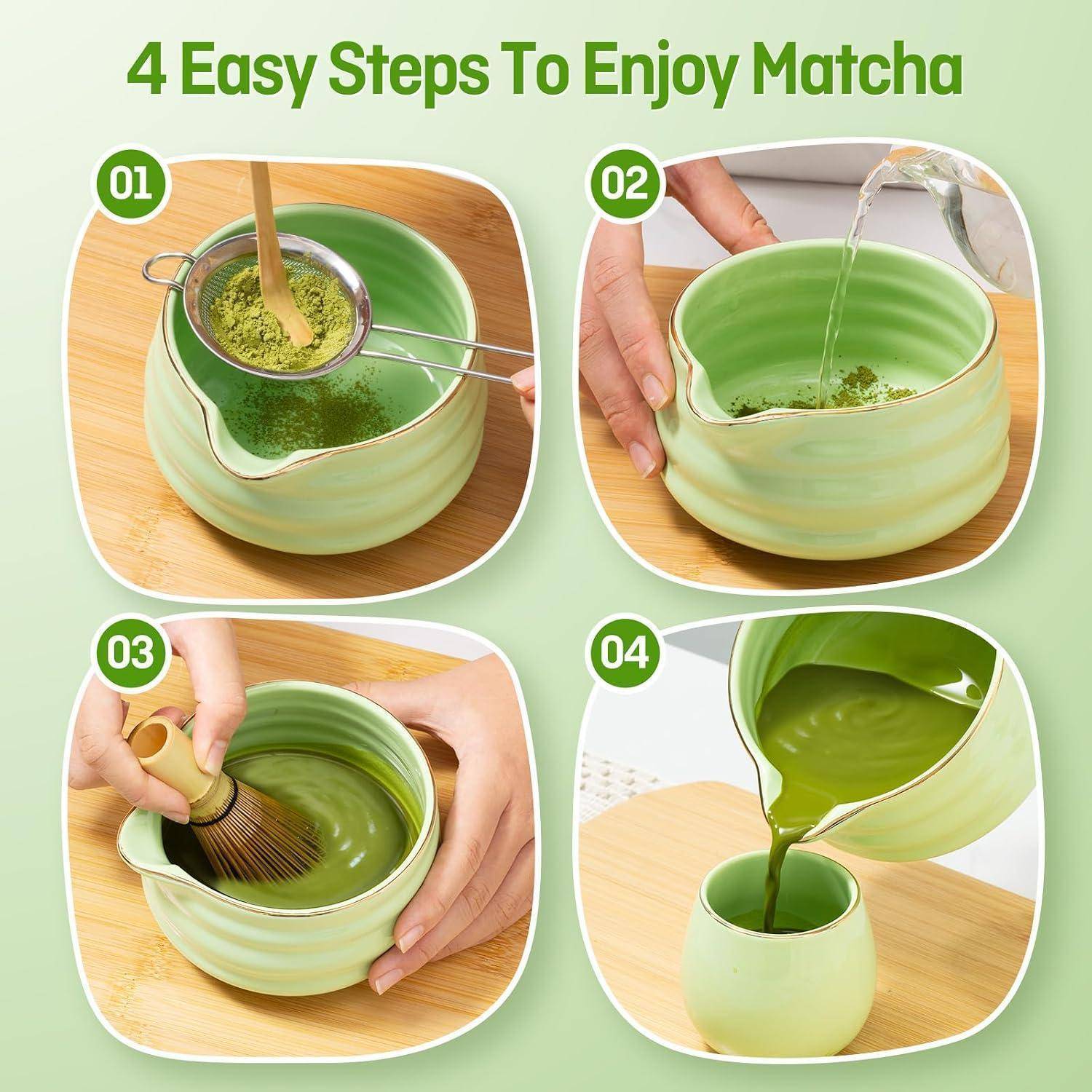 Infografik mit dem Titel „4 einfache Schritte zum Genießen von Matcha