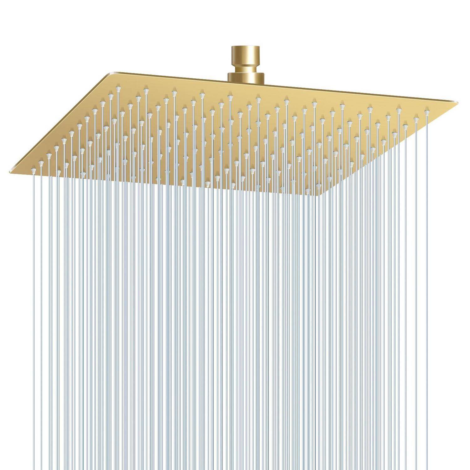 Goldener quadratischer Regenduschkopf mit vielen feinen Wasserstrahlen