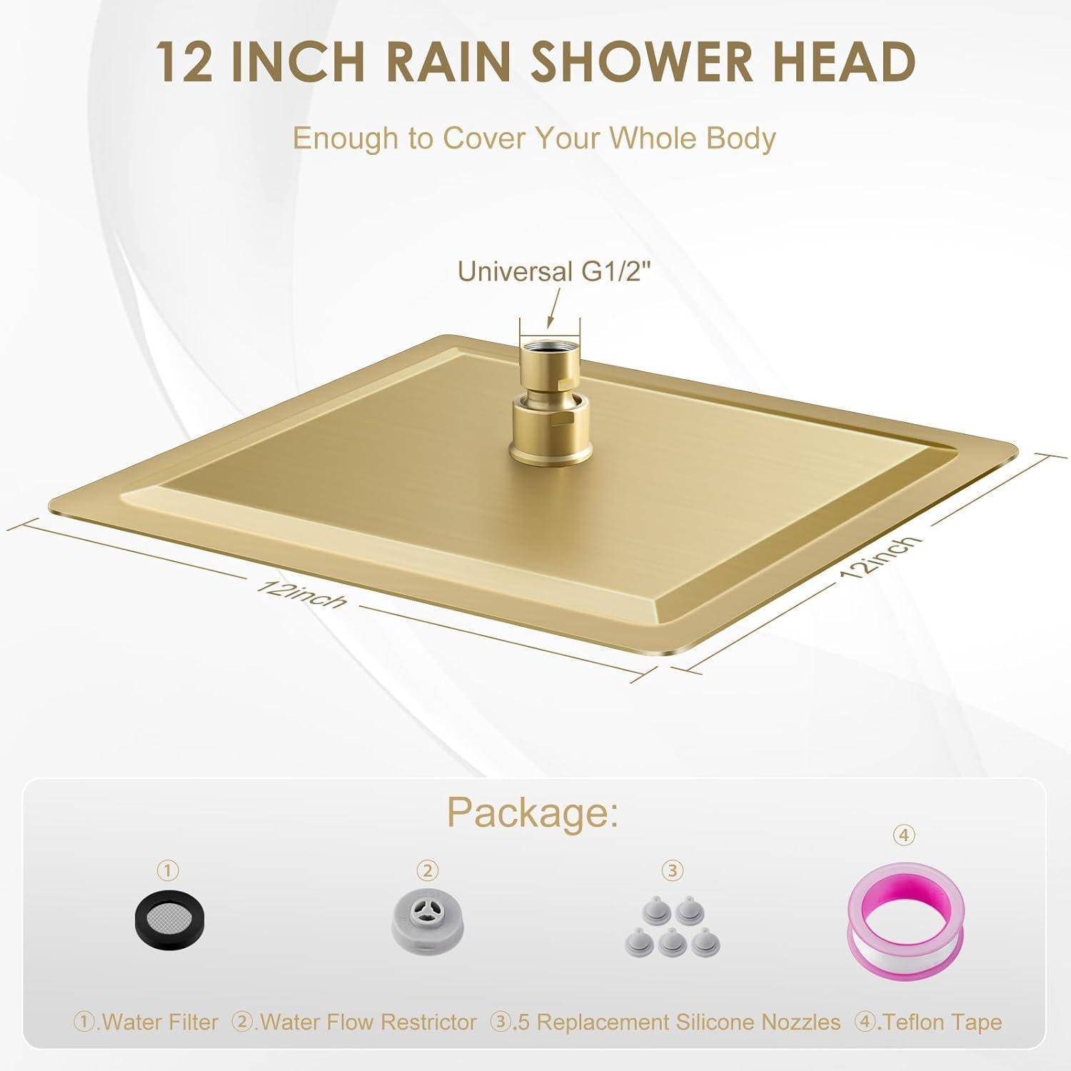 Goldener 12-Zoll-quadratischer Regenduschkopf mit universellem G1/2-Anschluss; das Paket enthält Wasserfilter, Durchflussbegrenzer, 5 Silikon-Düsen und Teflonband.