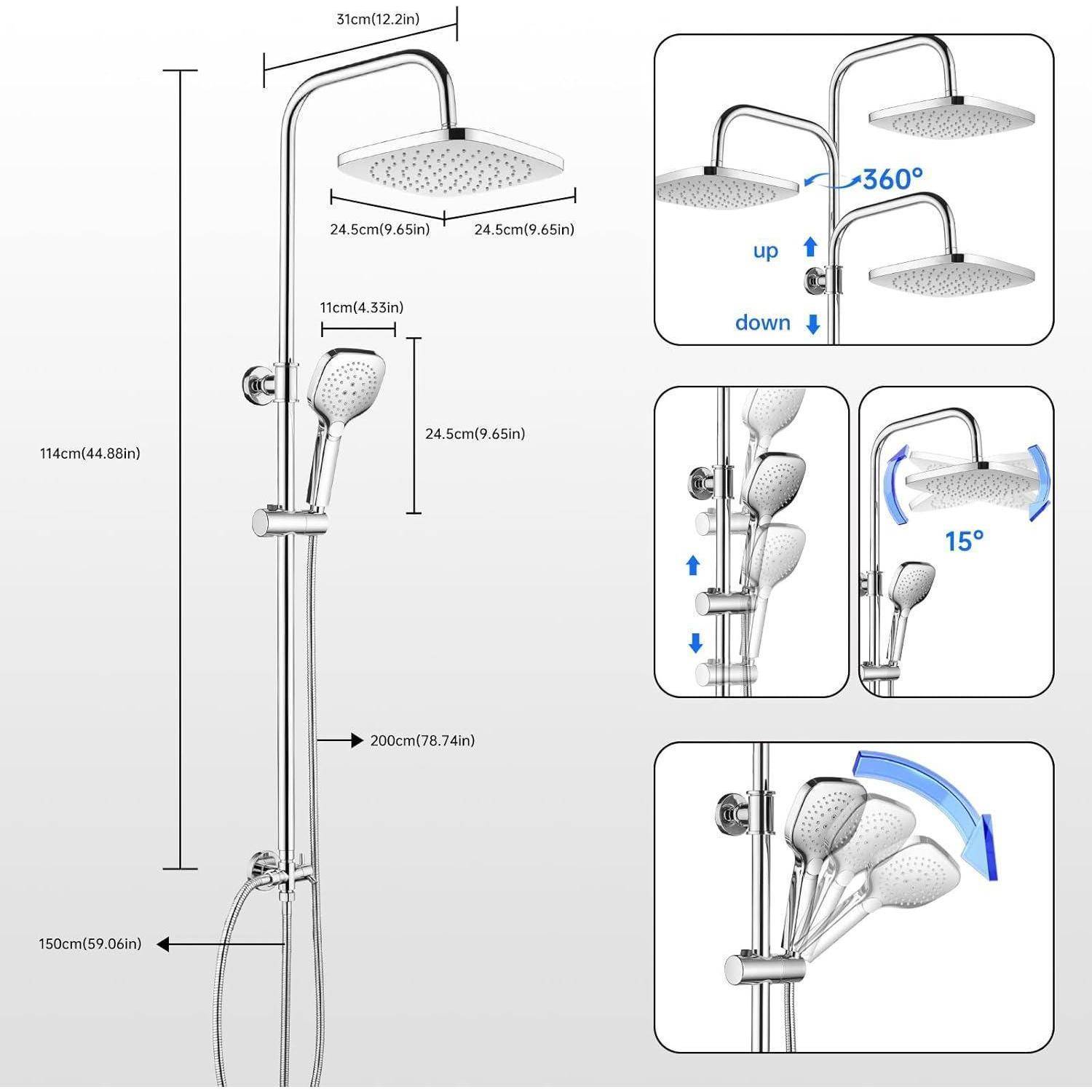Regendusche ohne Armatur, Duschsystem ohne Armatur 30x30cm Quadratisch Chrom Verchromt, Höhenverstellbare Duschstange mit Regendusche, Duschgarnitur