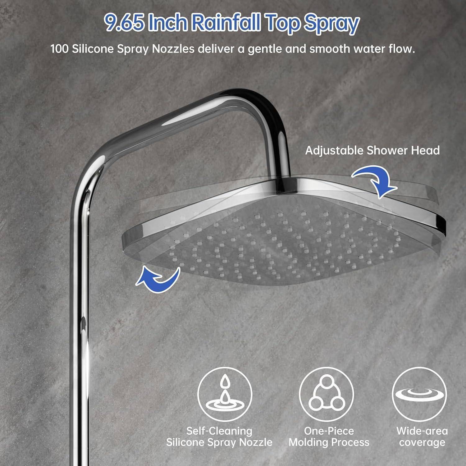 Regendusche ohne Armatur, Duschsystem ohne Armatur 30x30cm Quadratisch Chrom Verchromt, Höhenverstellbare Duschstange mit Regendusche, Duschgarnitur